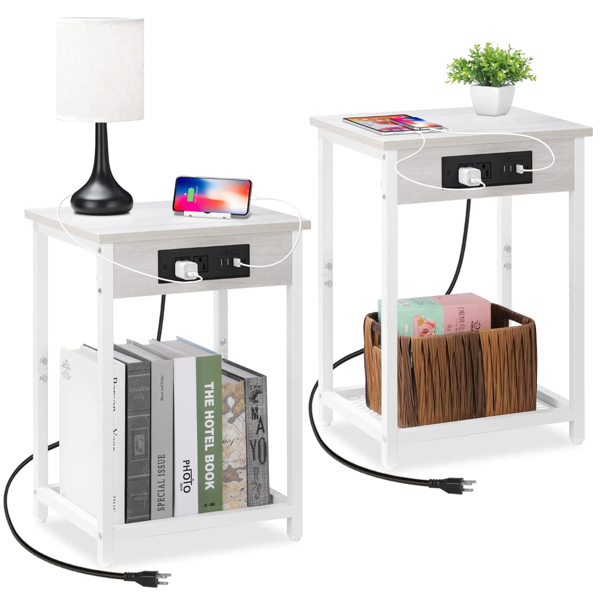 2-Tier Nightstand Set of 2 with USB Charging Station - Narrow Bedside Tables with Storage Shelf for Bedroom & Living Room - Light Maple White - Perfect for Small Spaces & Device Charging