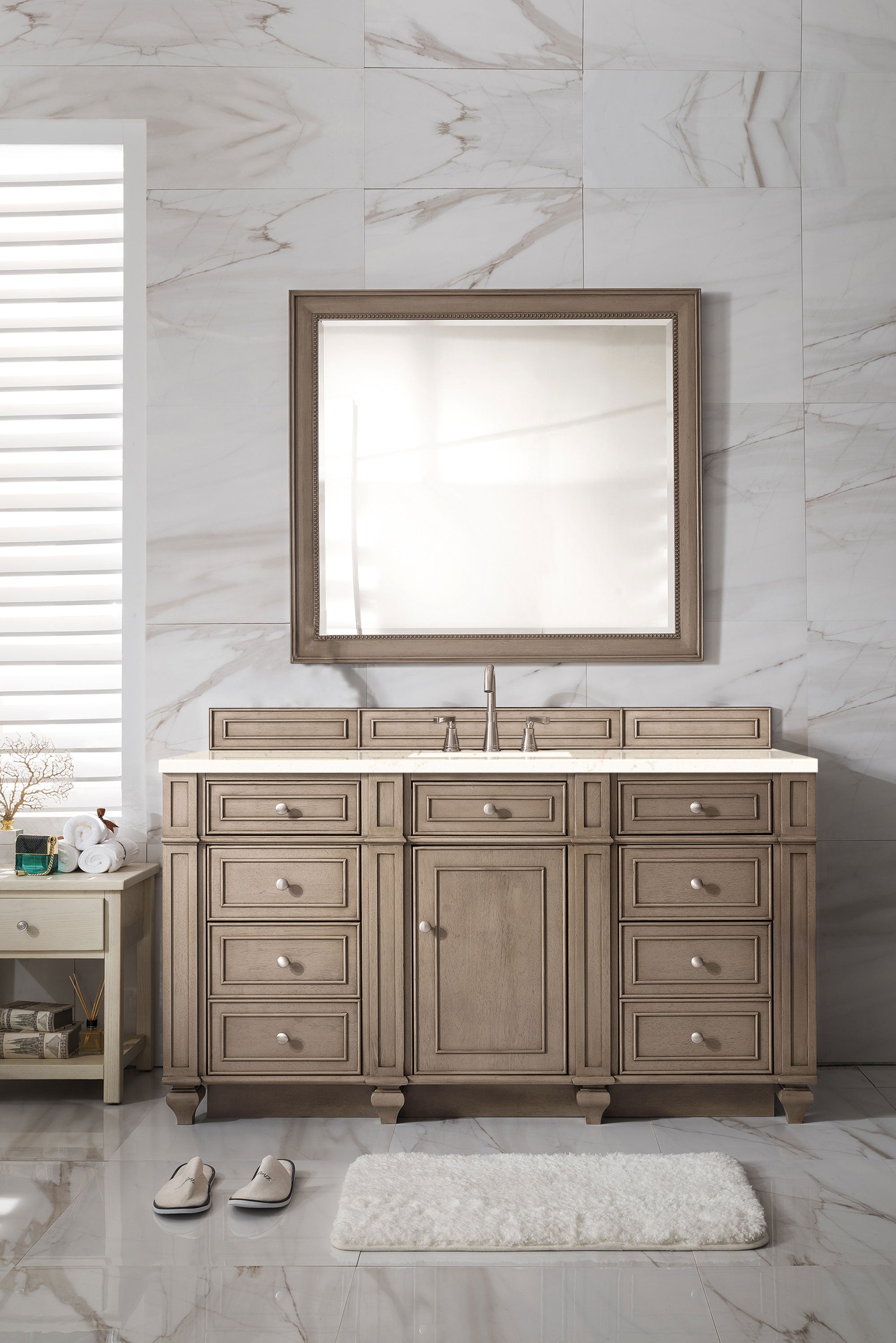 Bristol 60 Inch Single Bathroom Vanity Set with Whitewashed Walnut & 3CM Eternal Marfil Quartz Countertop - Perfect for Modern Home Bathroom Renovation