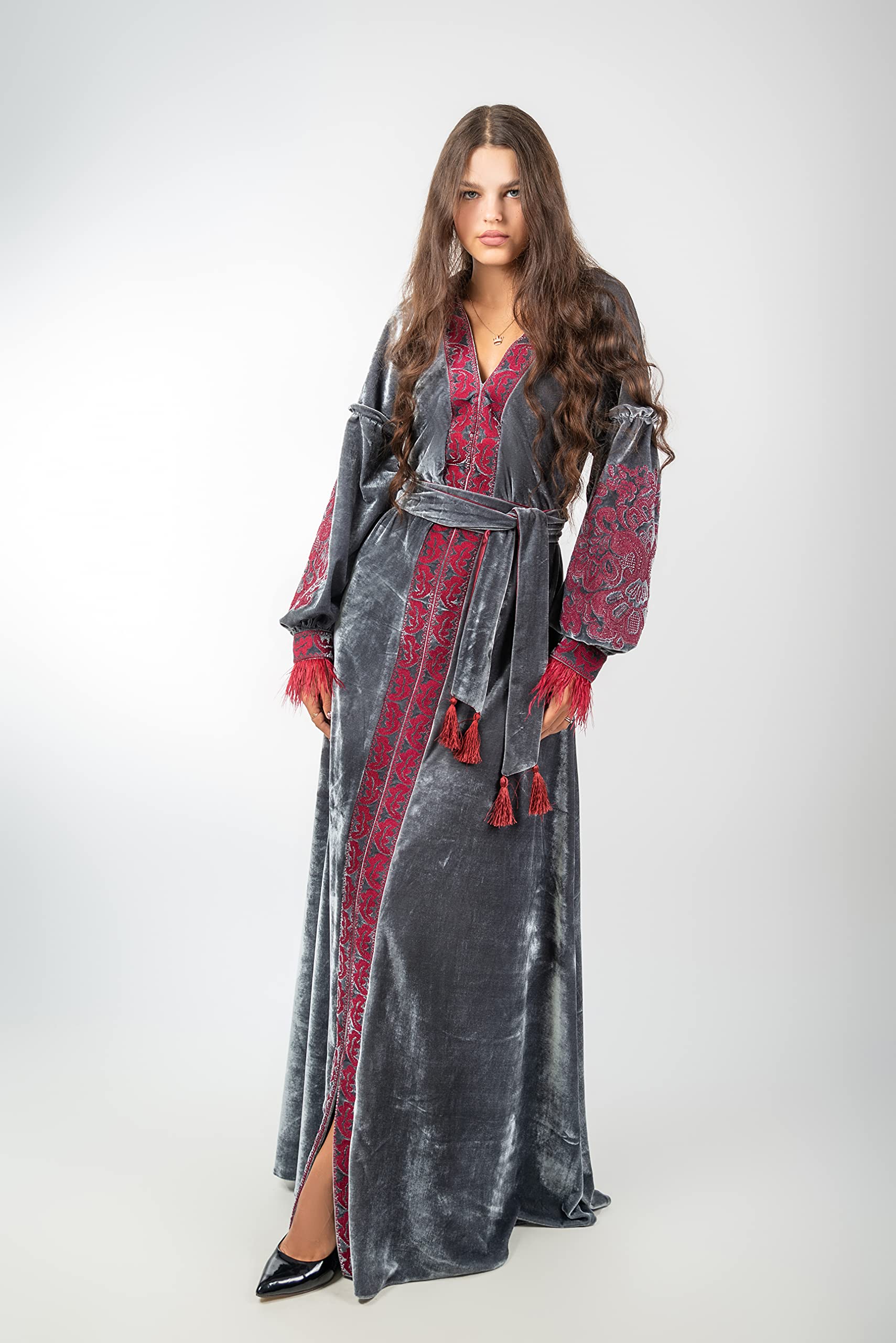 Elegant Velour Long Dress with Embroidery - Gray Bohemian Boho Chic Signature Long Sleeve Dress (Vyshyvanka Style) | Perfect for Weddings, Parties & Special Occasions
