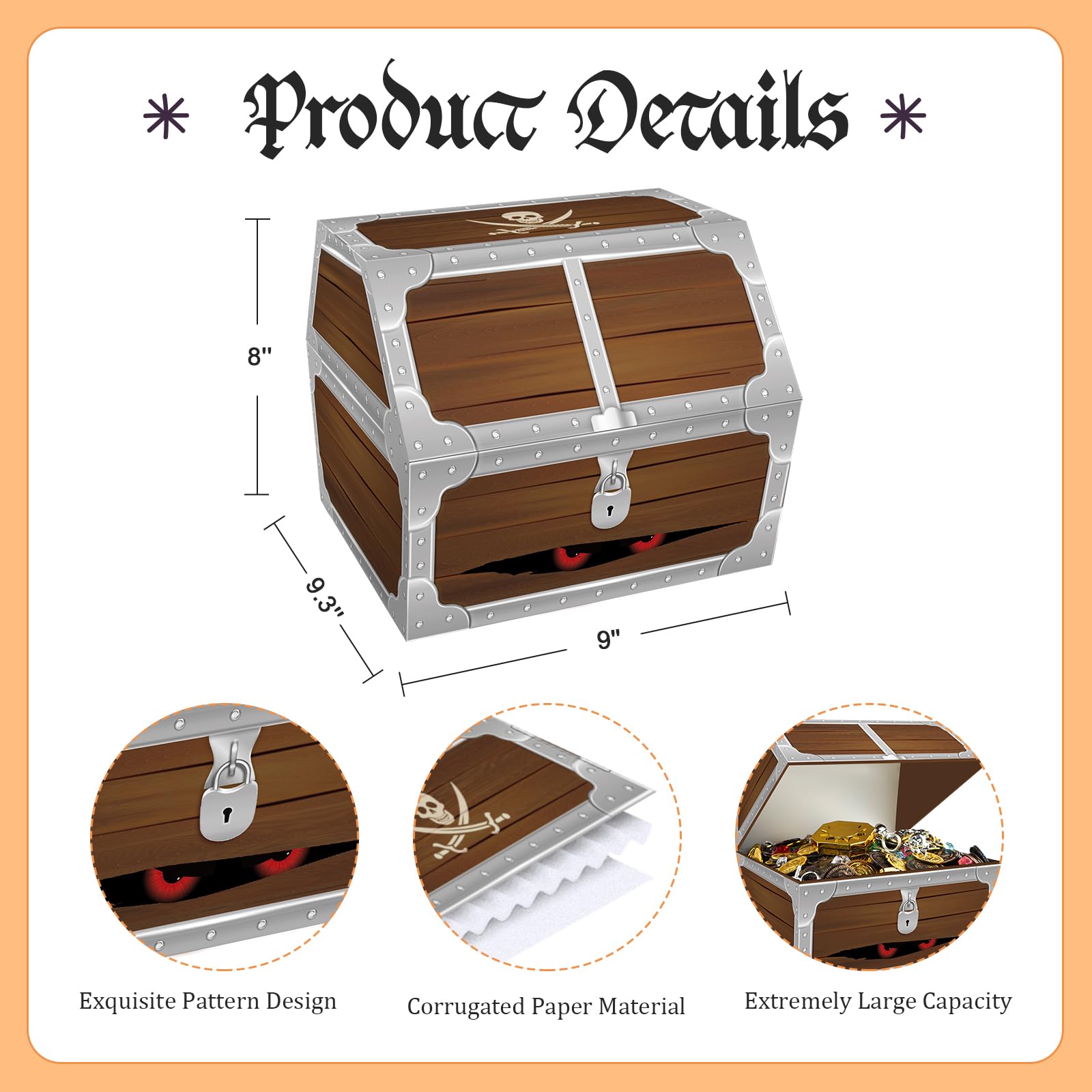 Pirate Treasure Chest Toy for Kids - 9x9.3x8 Inch Large Wooden Treasure Box for Classroom Rewards, Birthday Gifts & Adventure Play | Perfect for Pirate Themed Parties, Pretend Play & Toy Storage