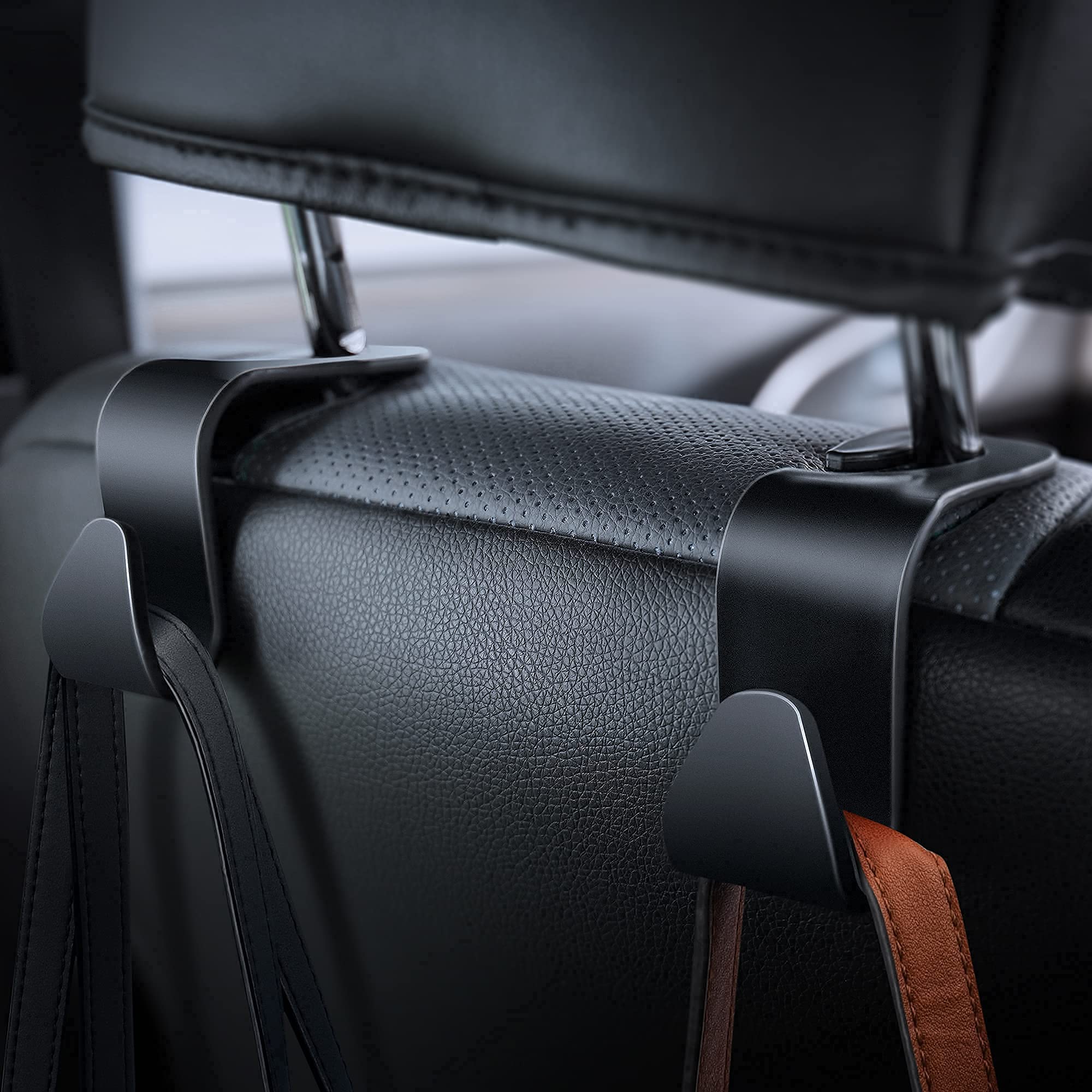 HOUSE DAY 4 Pack Heavy Duty Car Seat Headrest Hooks - Black Purse & Bag Holder for Vehicle, Space Saving Car Organizer - Perfect for Purses, Grocery Bags, Backpacks & Shopping Bags While Driving