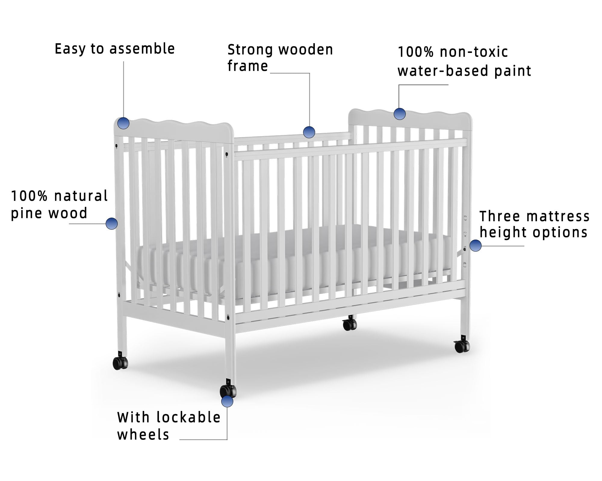 Convertible Baby Crib 3-in-1 Wooden Toddler Bed with Locking Wheels | Full Size Nursery Furniture | Non-Toxic White Finish | Perfect for Newborns, Infants & Growing Toddlers | Safe Sleeping Solution for Daycare & Home Nursery