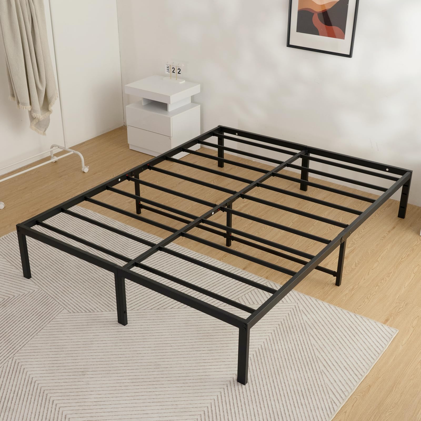 14 Inch Full Size Bed Frame with Storage - Heavy Duty Metal Platform Bed Frame, No Box Spring Needed, Anti-Slip Steel Slat Support, Easy Quick Lock Assembly (Black) - Perfect for Small Bedrooms, Guest Rooms & Dormitories