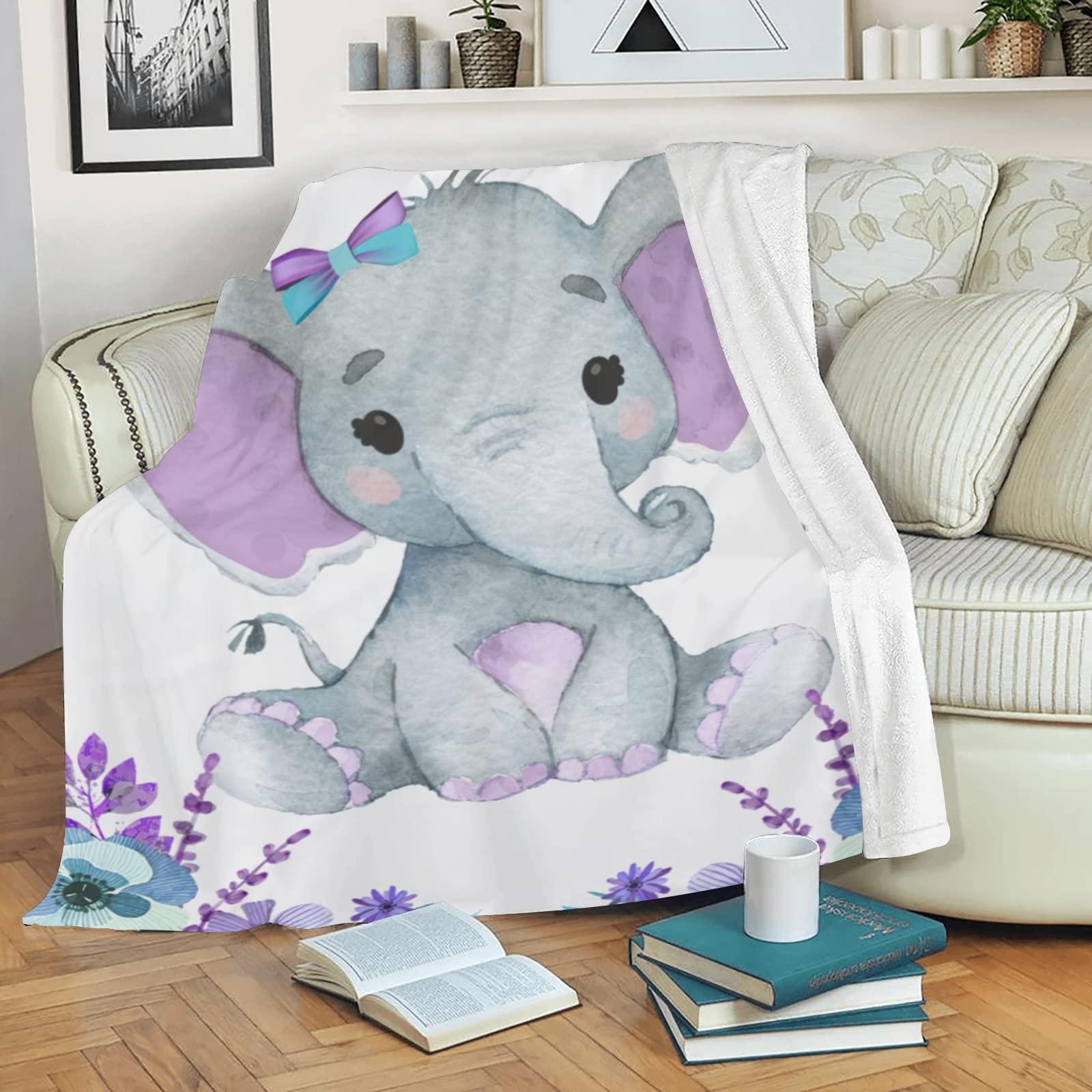 Personalized Baby Blankets for Girls with Name - Custom Embroidered Soft Flannel Receiving Blanket for Newborns (60x80 inches) - Perfect for Nursery, Christening Gifts & Photo Shoots - Purple Elephant Design