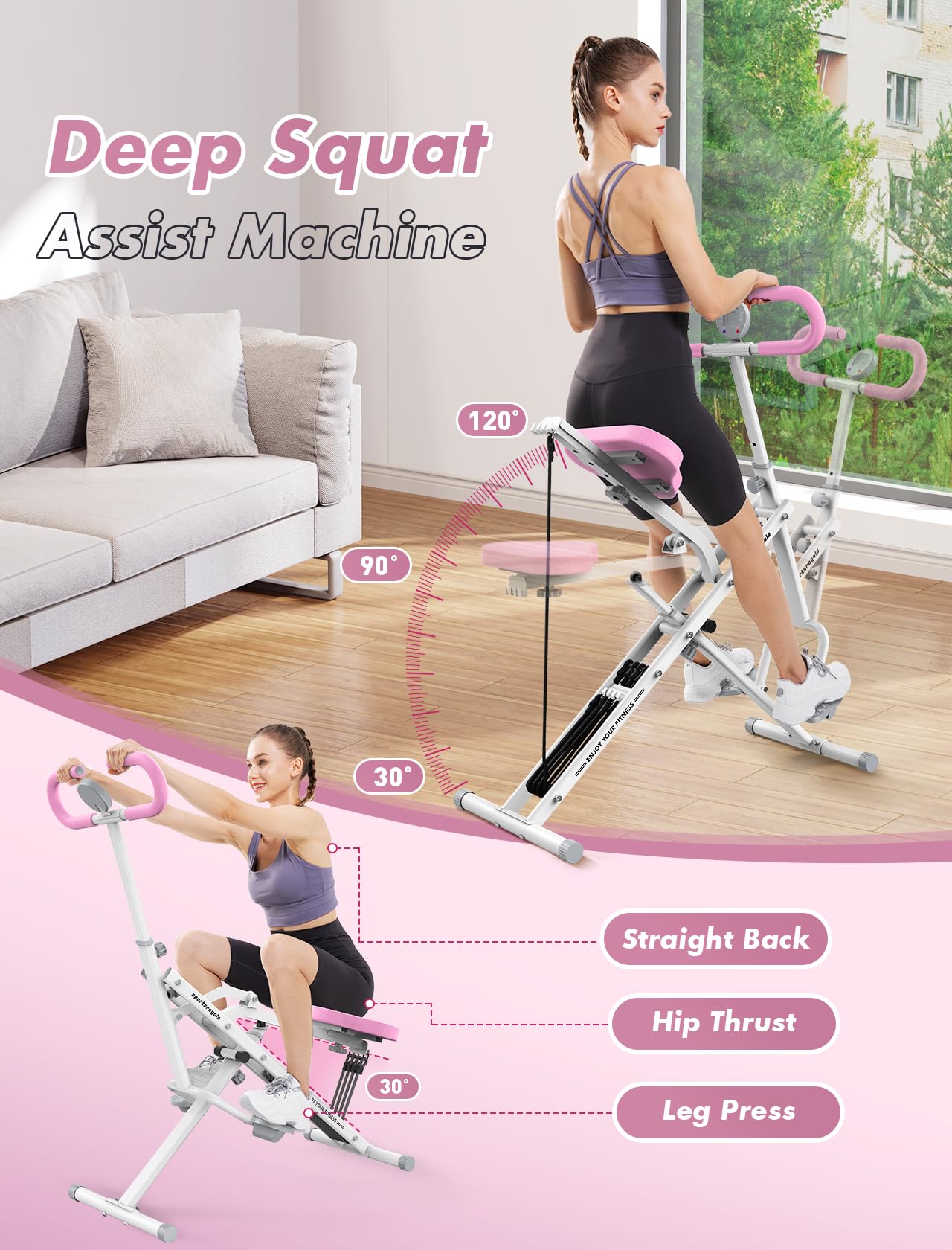 Sportsroyals 2-in-1 Foldable Rowing Machine & Squat Assist for Home Workouts - Adjustable 4 Resistance Bands (330lbs Capacity) - Full Body Exercise Equipment for Cardio & Strength Training - Perfect for Small Spaces & Home Gym Fitness Routines