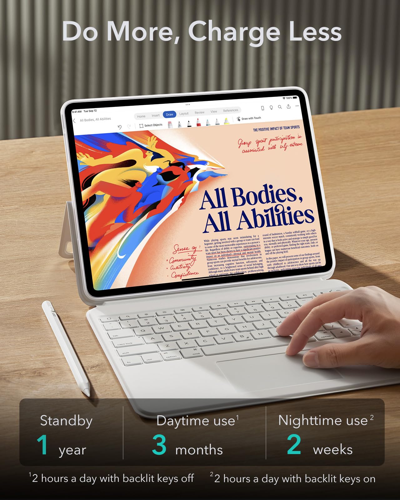 ESR Ascend iPad Pro 13 Inch Case with Magnetic Detachable Keyboard (2024 M4 Model) - Multi-Touch Trackpad, Adjustable Stand, Backlit Keys & Apple Pencil Holder - White | Perfect for Work, Study & Travel
