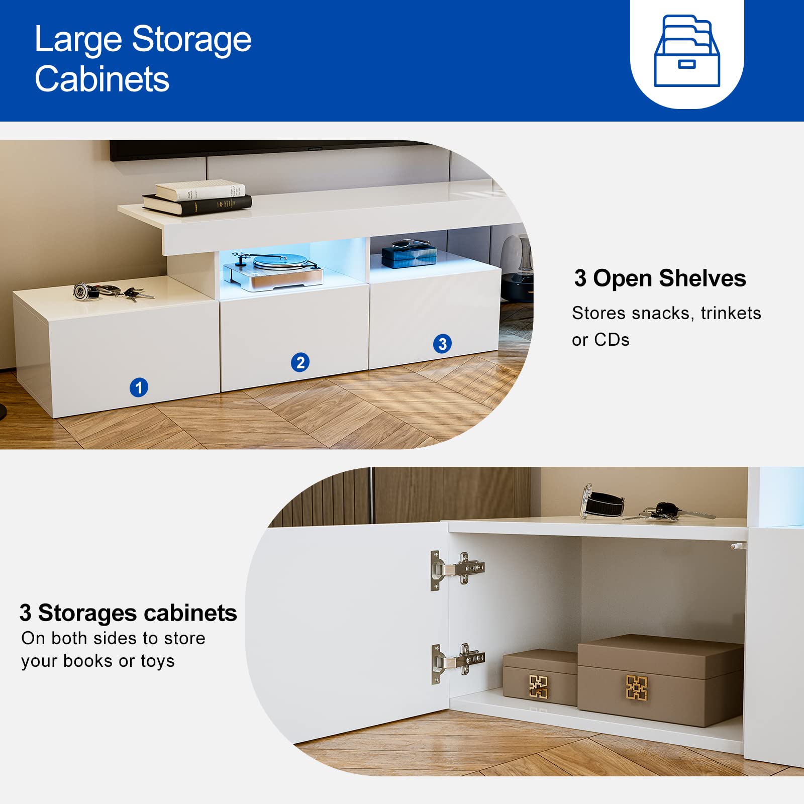 IKIFLY 75 Inch LED TV Stand with 3 Cabinets - High Glossy Modern Entertainment Center & Media Console for Living Room - White - Perfect for Home Theater & Living Room Organization