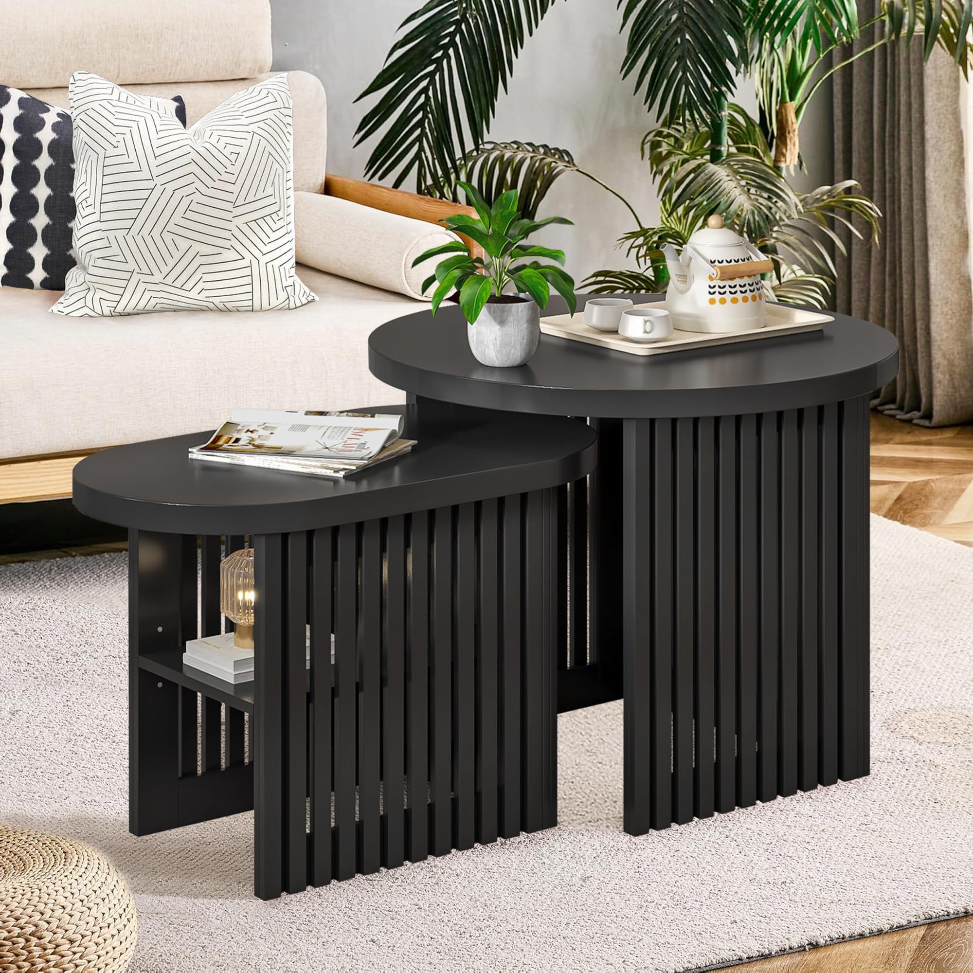 Modern Round Nesting Coffee Table Set of 2 with Storage Shelf & Fluted Panel - Black Wood Stacking Side Tables for Small Spaces - Perfect for Living Room, Bedroom & Apartment Decor