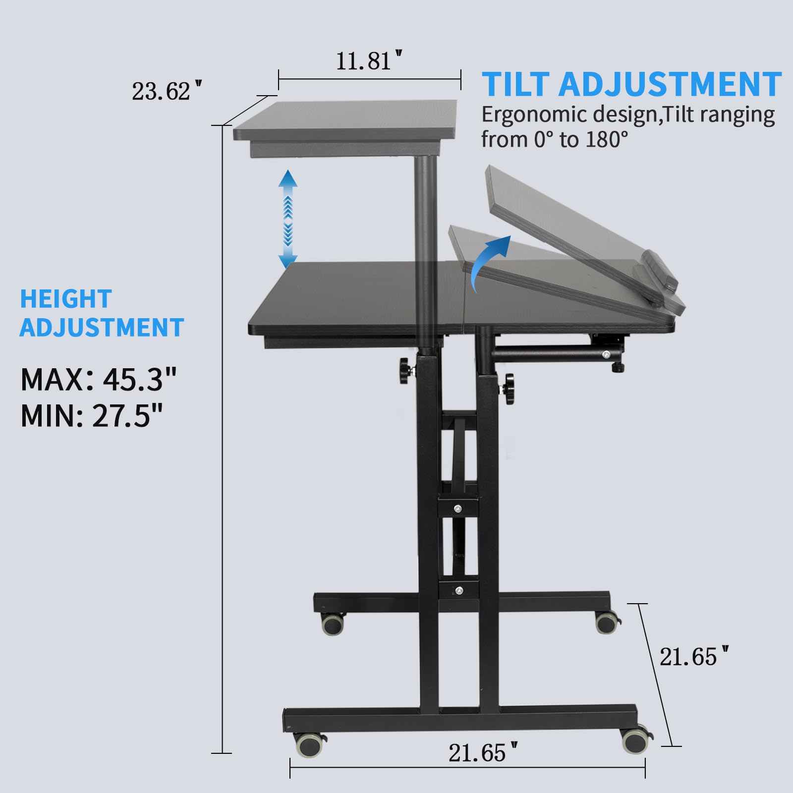 Hadulcet Adjustable Mobile Standing Desk with USB Charging Station - Rolling Laptop Cart with Wheels for Home Office, Classroom & Workspace - Ergonomic Height Adjustable Computer Desk (Black) - Perfect for Remote Work, Online Classes & Small Spaces