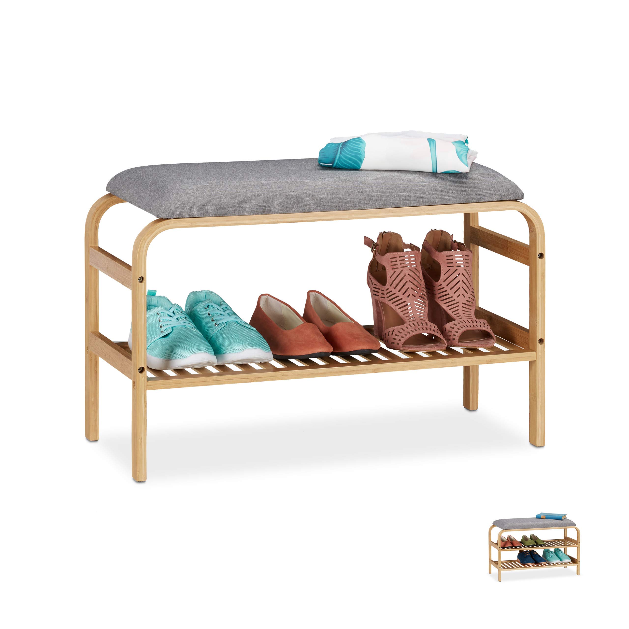 Relaxdays 3-Pair Shoe Bench with Padded Seat - Natural Wood Shoe Storage Organizer for Hallway, Wardrobe & Entryway (HBT 46 x 69 x 30 cm) - Perfect for Small Spaces & Home Organization