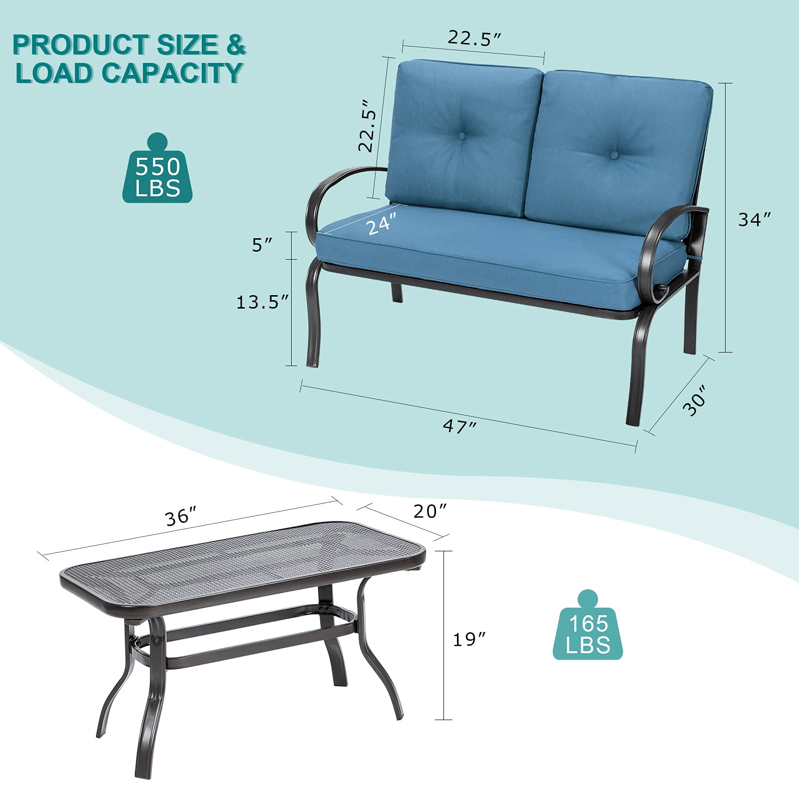 Giantex Outdoor Loveseat with Coffee Table - Patio Bench with Cushion & Sturdy Metal Frame - Navy & Black Garden Sofa Set for Porch, Yard, Poolside - Perfect for Relaxing, Entertaining & Outdoor Lounging