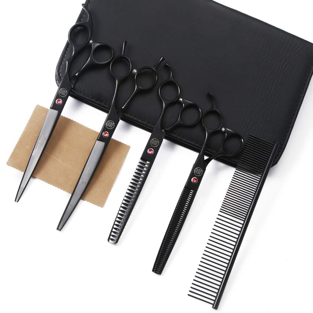 Professional 7 Inch & 8 Inch Dog Grooming Scissors Set - Curved Shears, Thinning Shears & Grooming Comb for Pet Hair Cutting | Perfect for Home Grooming, Professional Styling & Dog Show Preparation