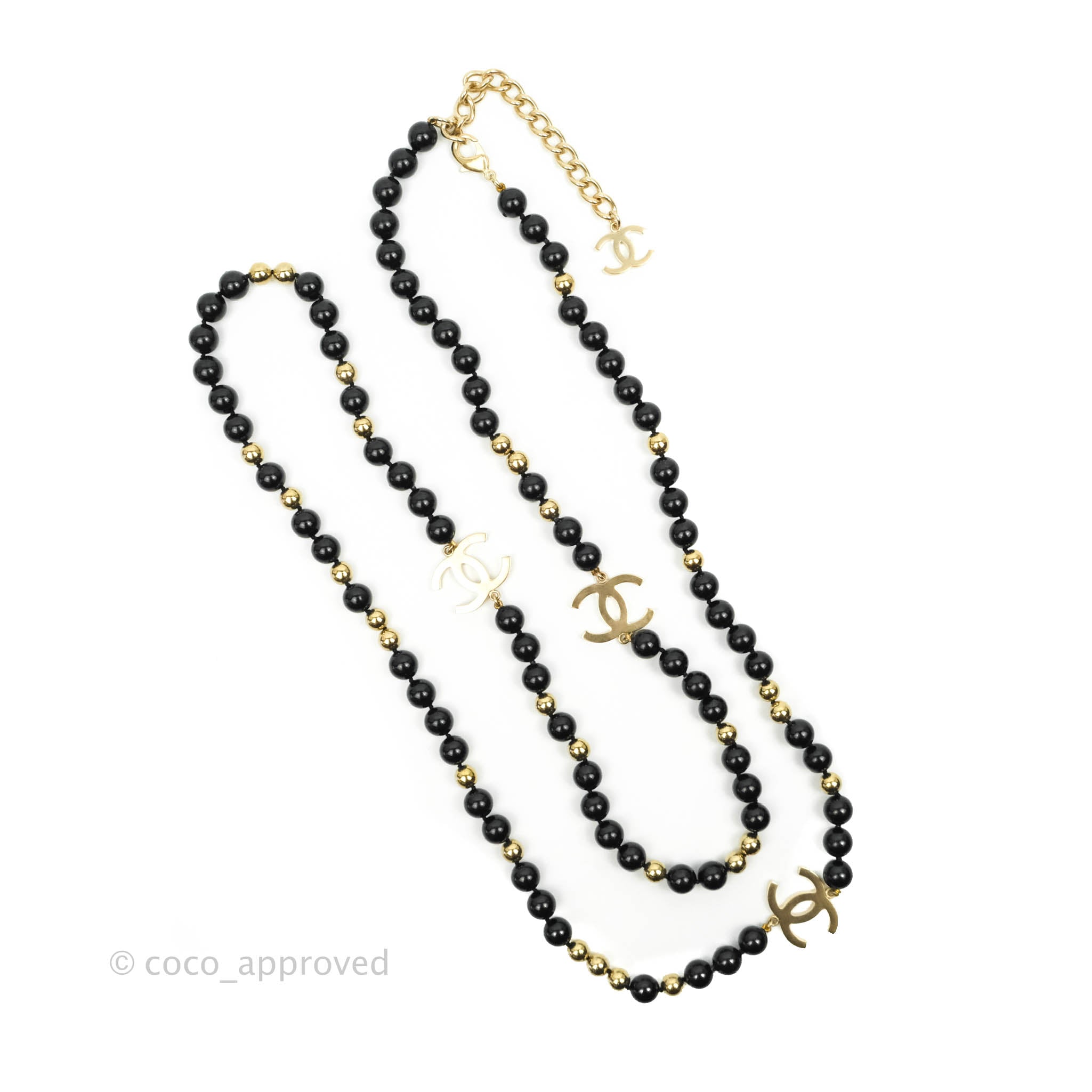 Chanel CC Logo Black & Gold Beaded Necklace - Elegant Statement Jewelry for Women, Perfect for Parties, Weddings & Special Occasions