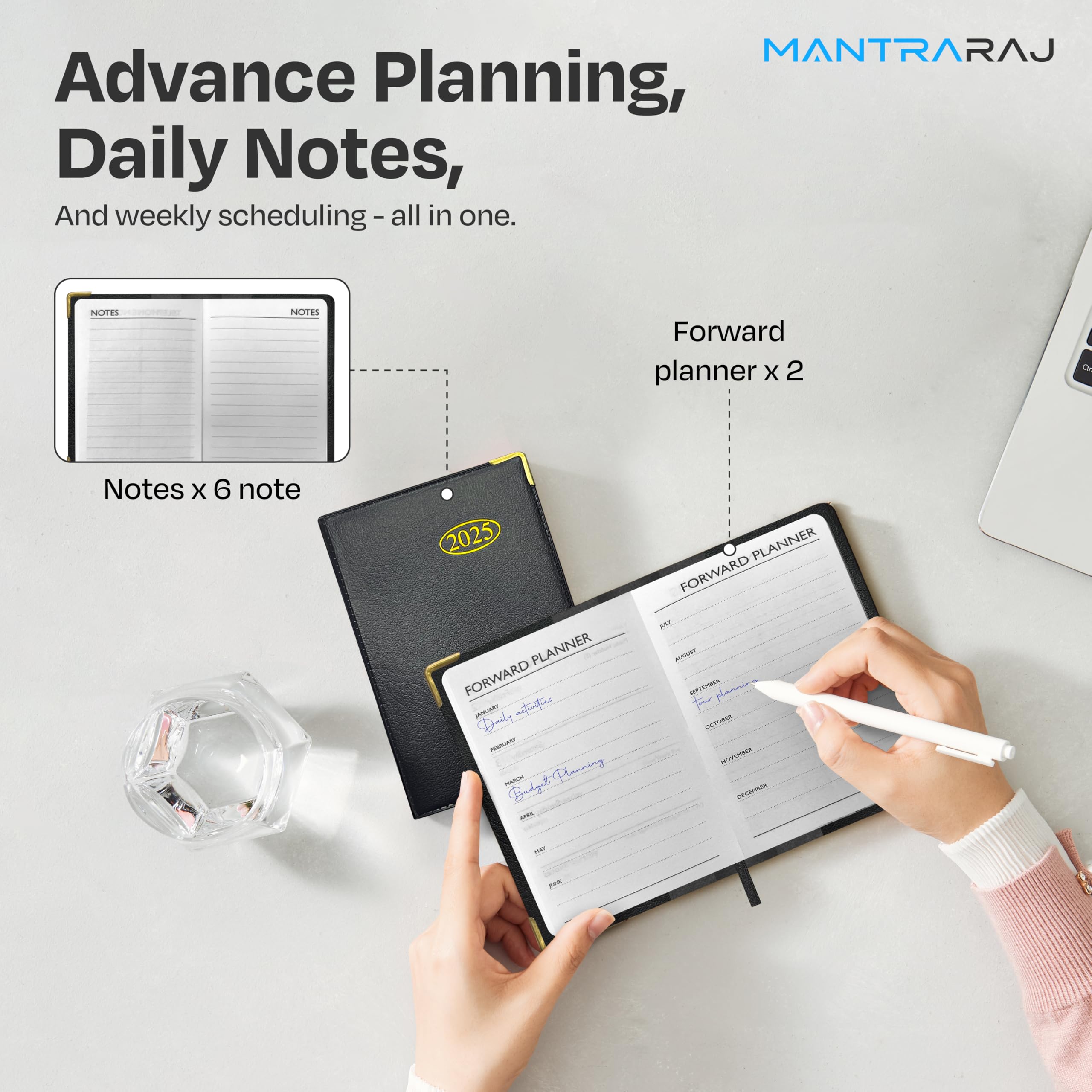 MantraRaj 2025 Weekly Planner - PVC Leather Effect Pocket Diary with Metal Corners, Hard Cover Case, Conversion Tables & Organizer Tools (12cm x 7cm) - Perfect for Business, School & Personal Scheduling