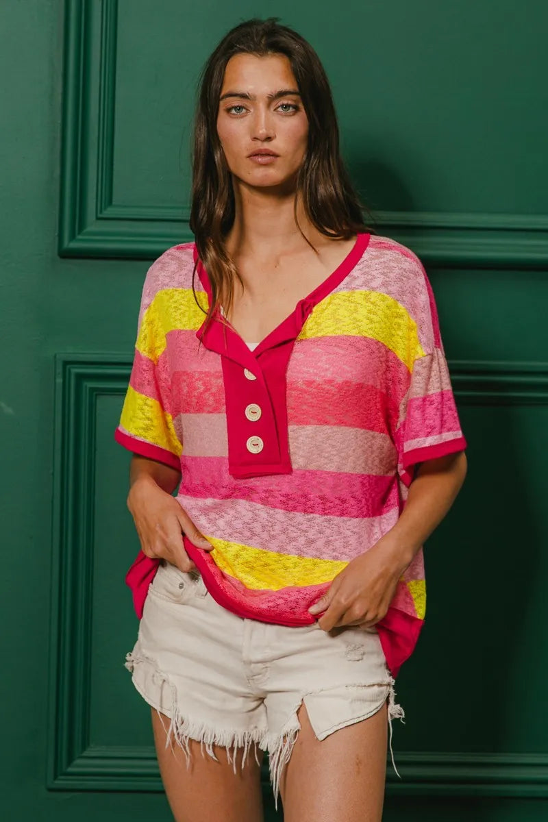 BiBi Women's Multi-Color Striped Hacci Knit Button Detail Ringer T-Shirt | Casual Summer Top for Outfits, Beach & Date Nights