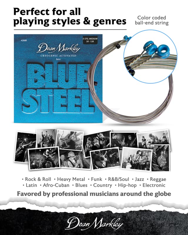 Dean Markley 2680 Blue Steel Electric Bass Guitar Strings - Medium Gauge (50-128) for Long Scale Bass - Cryogenically Treated for Extended Durability - Perfect for Rock, Jazz & Studio Recording Sessions