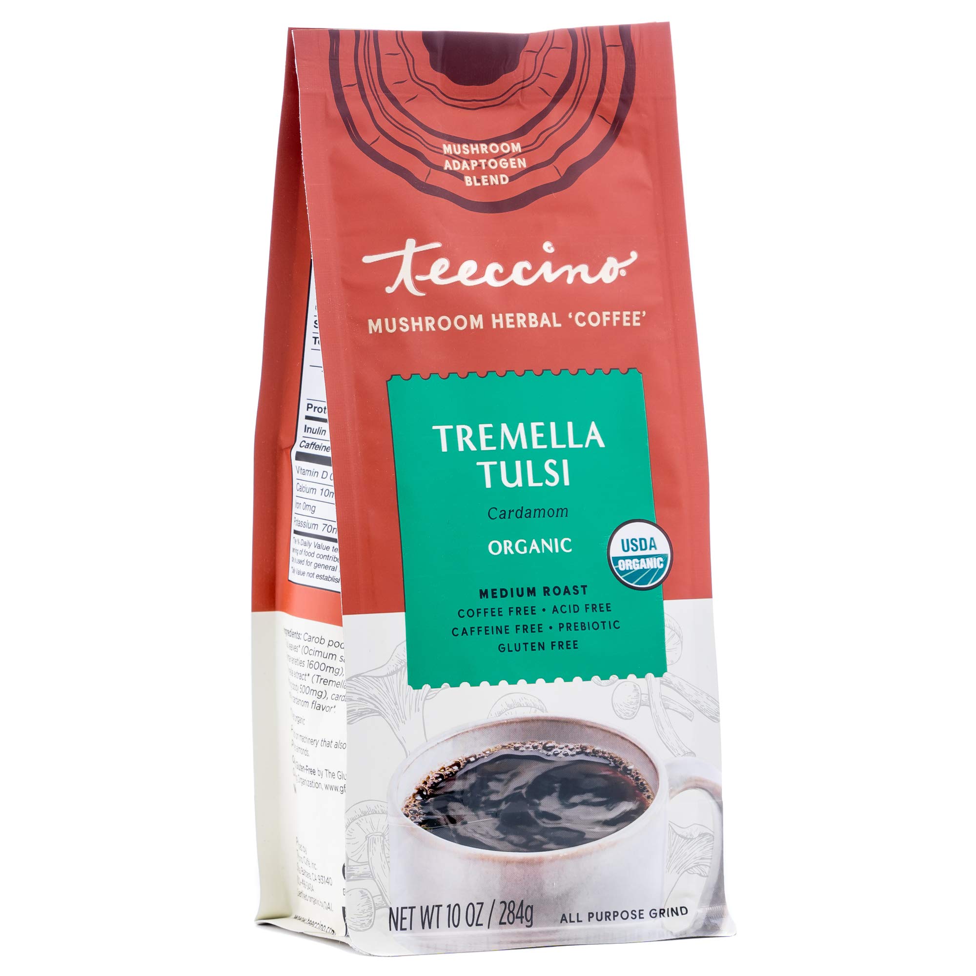 Organic Teeccino Tremella Tulsi Herbal Coffee Alternative - Medium Roast, Caffeine Free, Prebiotic, Acid Free, Gluten Free - Cardamom Flavor with Adaptogenic Mushrooms (10 Oz) - Perfect for Morning Energy & Relaxation Without Caffeine
