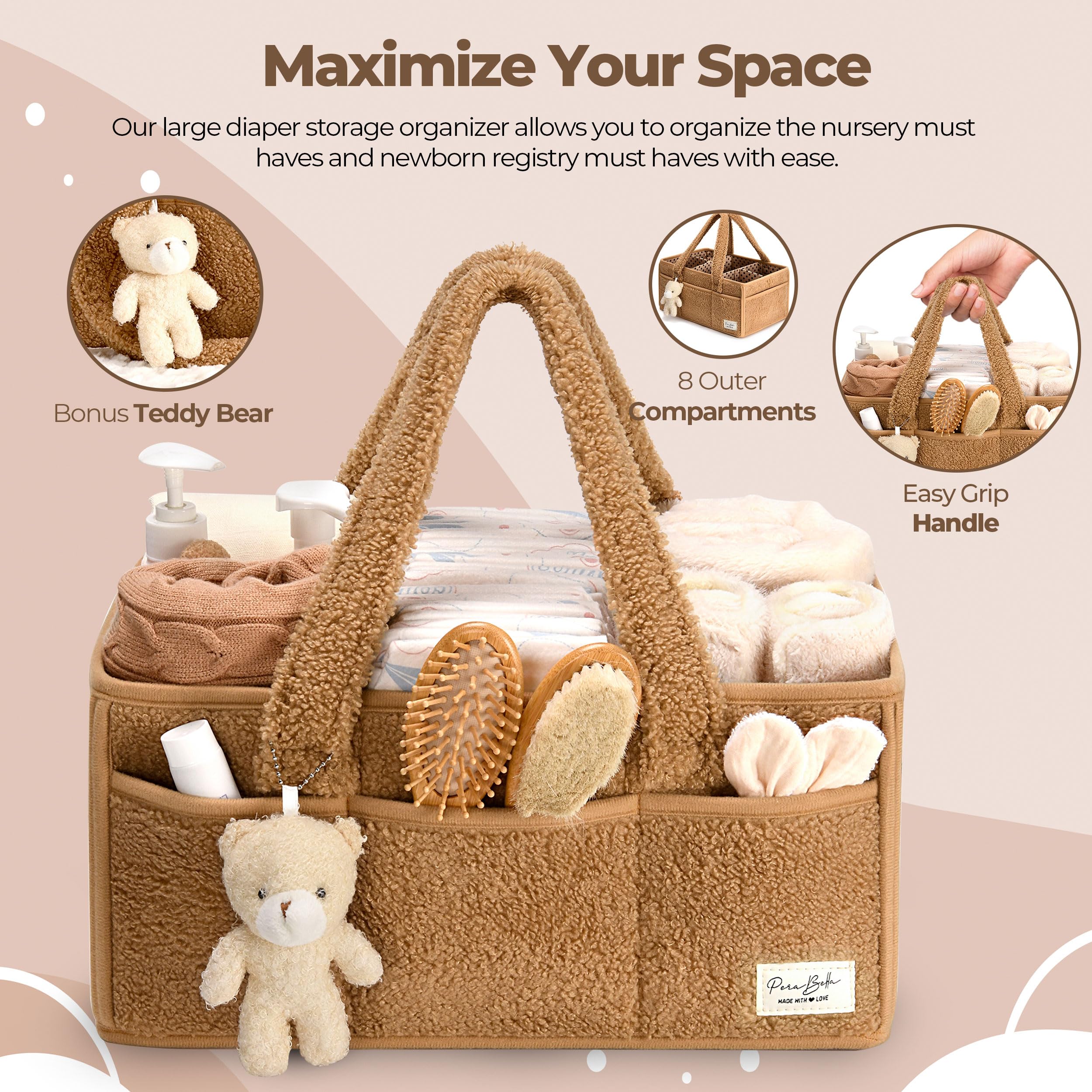 PeraBella Baby Diaper Caddy Organizer - Portable Diaper Storage Basket for Changing Table, Nursery & Travel | Holds Diapers, Wipes & Baby Essentials | Perfect Baby Shower Gift & Nursery Organization Solution | Use for Home, Car & On-the-Go Baby Care