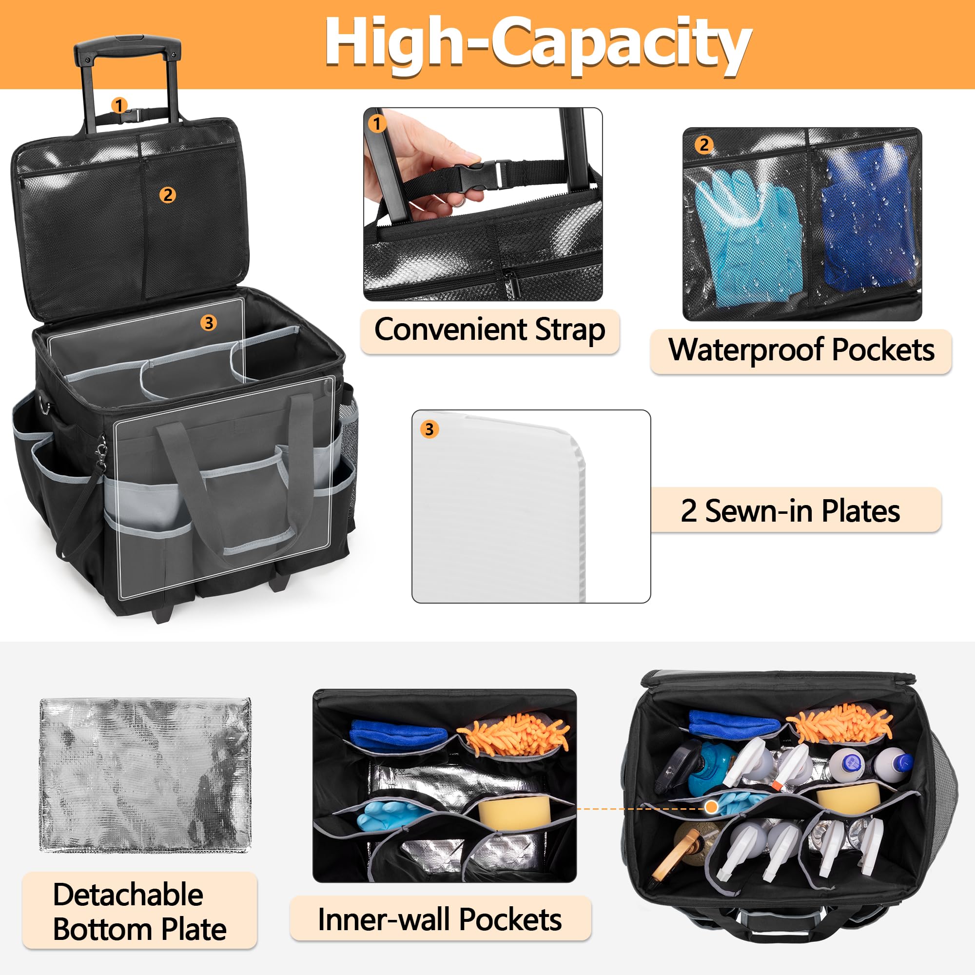 Large Rolling Cleaning Caddy with Detachable Trolley & Lid - Mobile Cleaning Cart with Wheels, Shoulder Strap & Handles - Multi-Pocket Cleaning Supplies Organizer for Mops, Brooms & Tools - Perfect for Home, Office & Janitorial Use