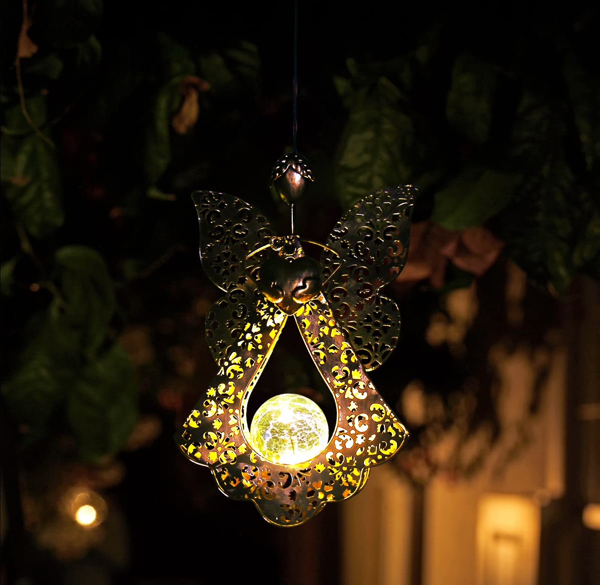 Outdoor Hanging Solar Lights - Waterproof LED Solar Lantern with Crackle Glass Globe & Metal Angel Design for Porch, Patio, Yard, Garden - Perfect for Memorial Gifts, Evening Ambiance & Landscape Lighting