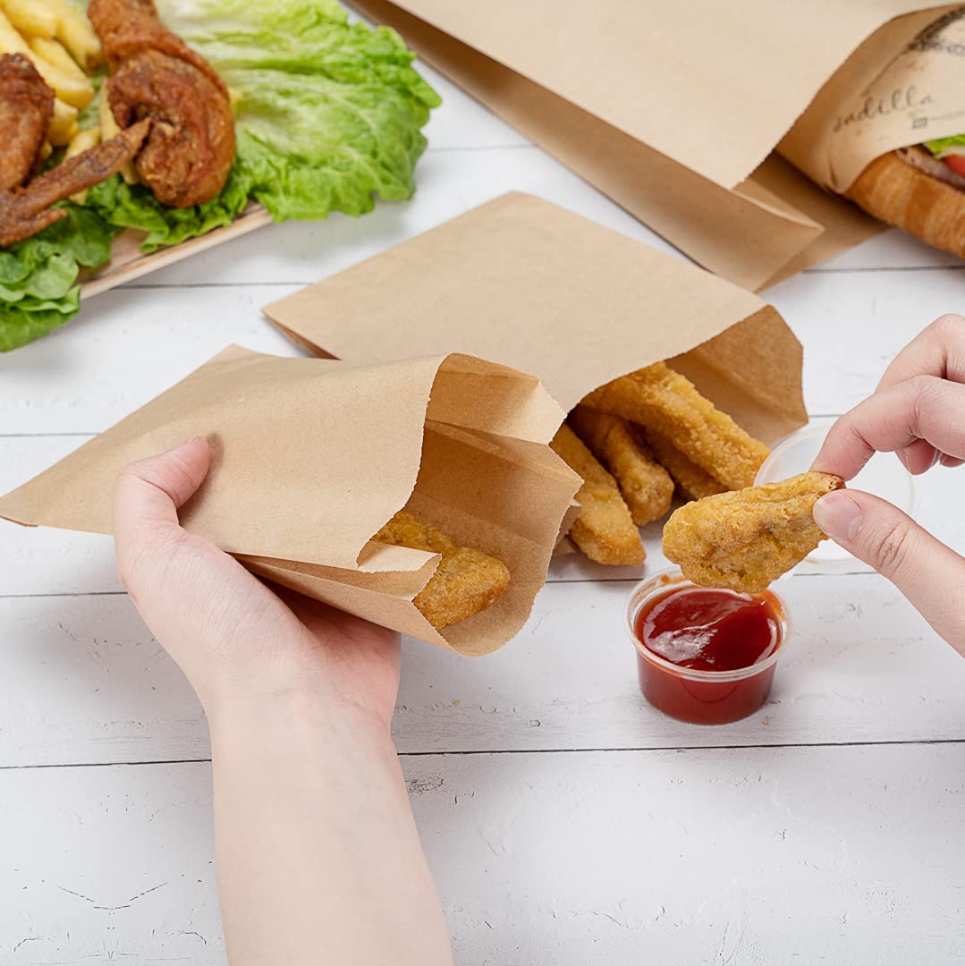 100-Pack 4.3x1.6x6.3 Inch Brown Kraft Paper Snack Bags - Greaseproof Disposable Food Bags for French Fries, Popcorn, Cookies & More | Perfect for Restaurants, Movie Nights & Takeout