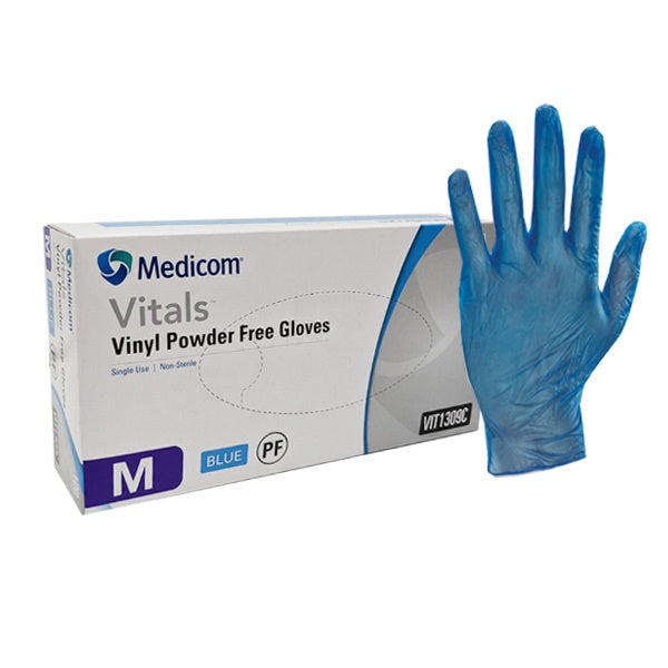 Premium Medicom Vitals Vinyl Disposable Gloves - Powder-Free, Latex-Free, Comfort Fit (100 Count, Blue) - Ideal for Medical, Food Service & Cleaning Protection