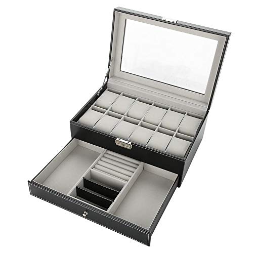 12-Slot Luxury Watch Box with Glass Lid & Drawers - PU Leather & Velvet Watch Storage Case with Removable Cushions - Jewelry Organizer for Men & Women - Perfect for Watch Collectors & Gift Giving