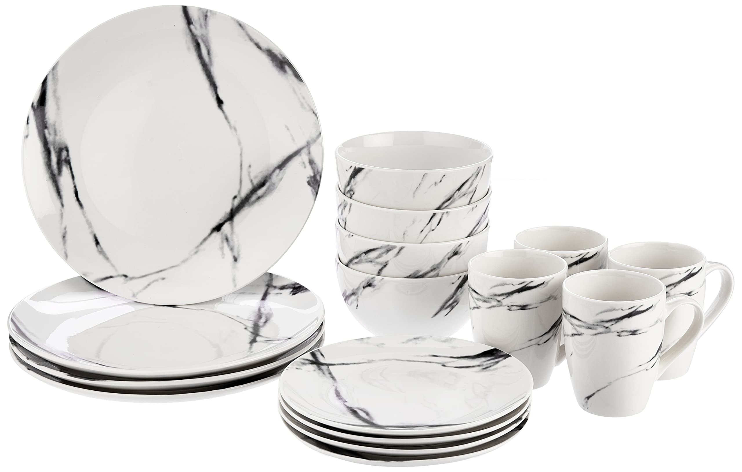 American Atelier Marble Black Round Porcelain Dinnerware Set - 16 Piece Collection with 4 Dinner Plates, 4 Salad Plates, 4 Bowls & 4 Mugs, 10.5
