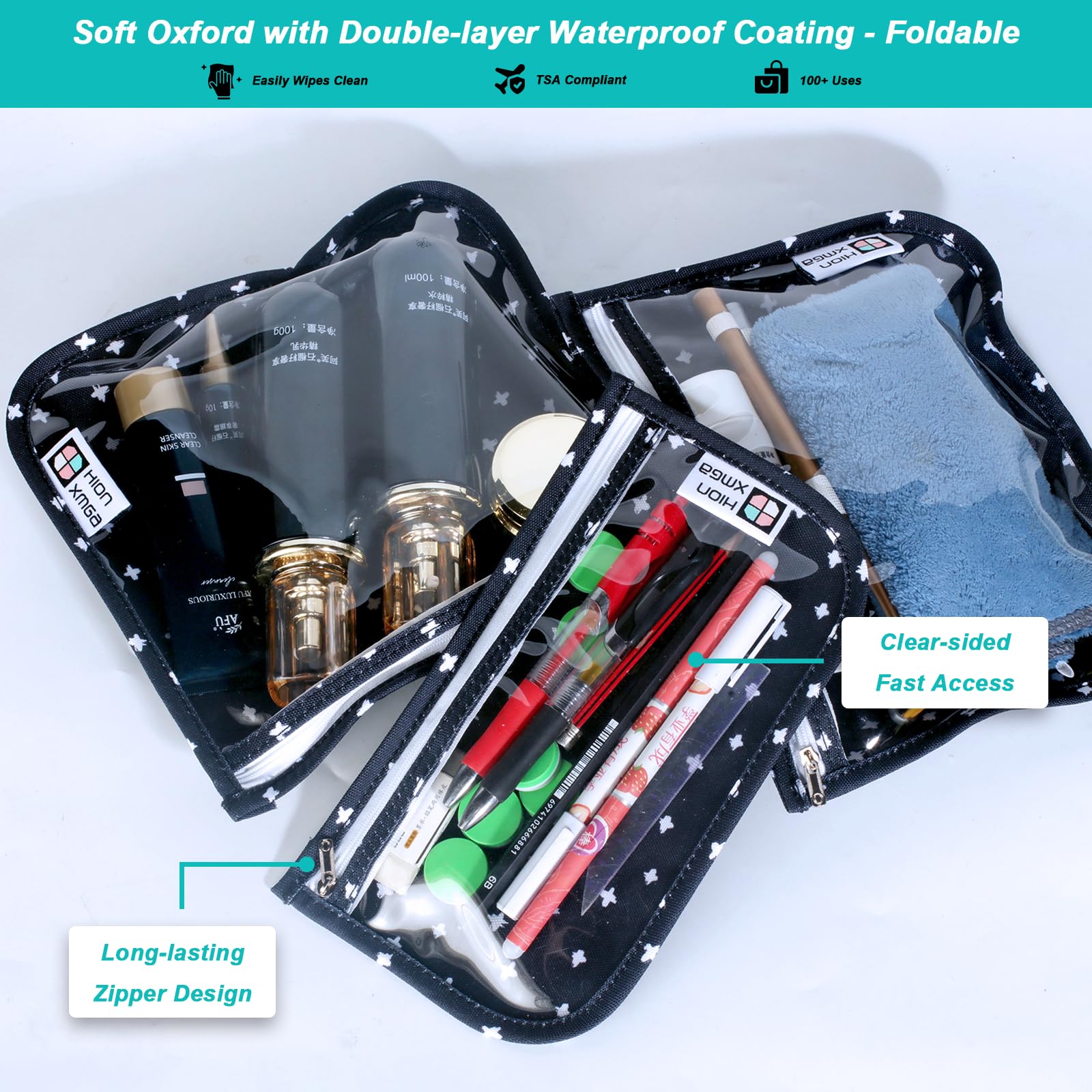 TSA Approved Toiletry Bag Set of 3 - Clear Quart Size Travel Cosmetic Bags with Zipper | Waterproof Makeup Organizer for Women, Men & Kids | Perfect for Airplane Carry-On, Gym, Camping & Beach Trips | Cacti Design