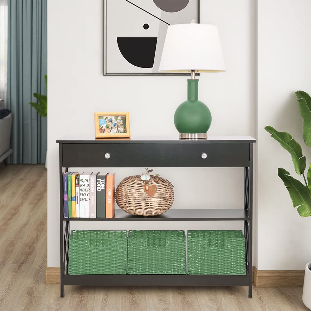 MAYPEX Modern Console Table with 1 Drawer & 2 Shelves - Classic X Design Narrow Sofa Table - Easy Assembly Black Entryway Furniture for Living Room, Hallway & Bedroom Decor