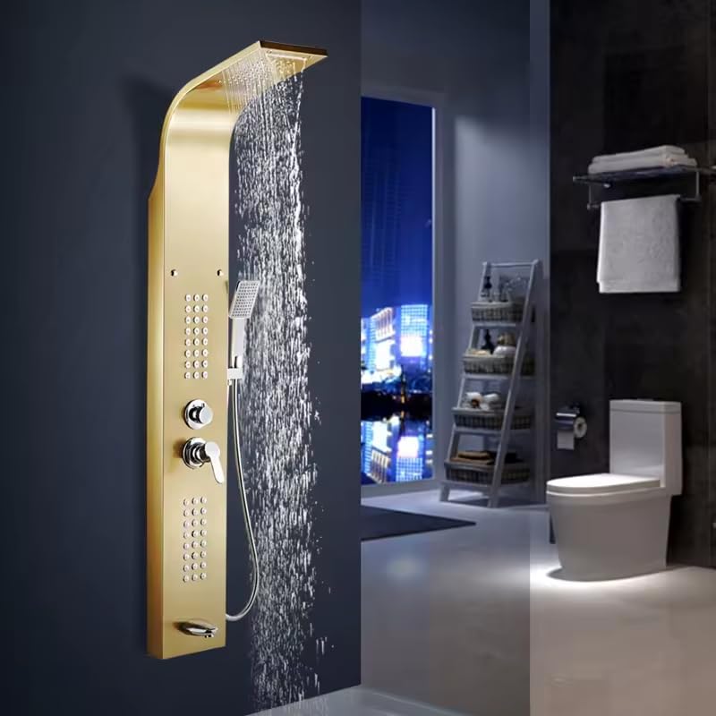 Stainless Steel Shower Panel Set - Dual Flow Overhead Waterfall & Handheld Shower - Wall Mount Bathroom Fixture in Gold Glossy Finish | Perfect for Modern Bathroom Renovation & Spa-Like Shower Experience