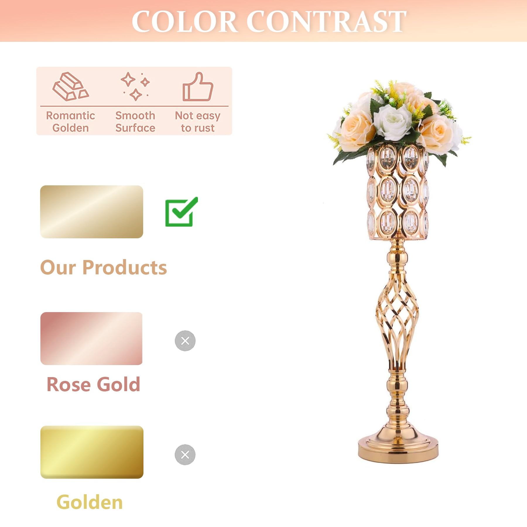 2pcs 24in Gold Metal Diamond Crystal Flower Vases - Elegant Wedding Centerpieces for Tables, Reception Party & Home Decor (Perfect for Dining Room, Living Room, Wedding Decorations)