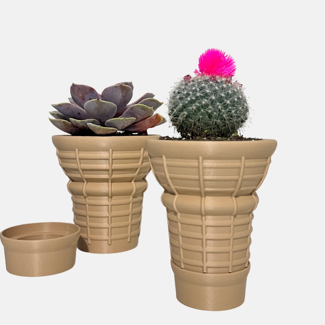 TWO 3D Printed Ice Cream Cone Planter Pots for Indoor Plants - Unique Cute Plastic Flower Pots for Home Decor (Made in USA) - Perfect for Succulents, Small Plants & Kitchen Herb Gardens