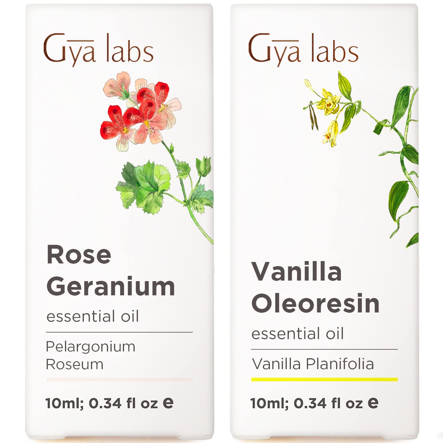 **100% Pure Rose Geranium & Vanilla Essential Oil Set - Natural Aromatherapy Grade for Skin Care & Diffuser - 2x0.34 fl oz - Gya Labs - Perfect for Relaxation, Massage & Home Fragrance**