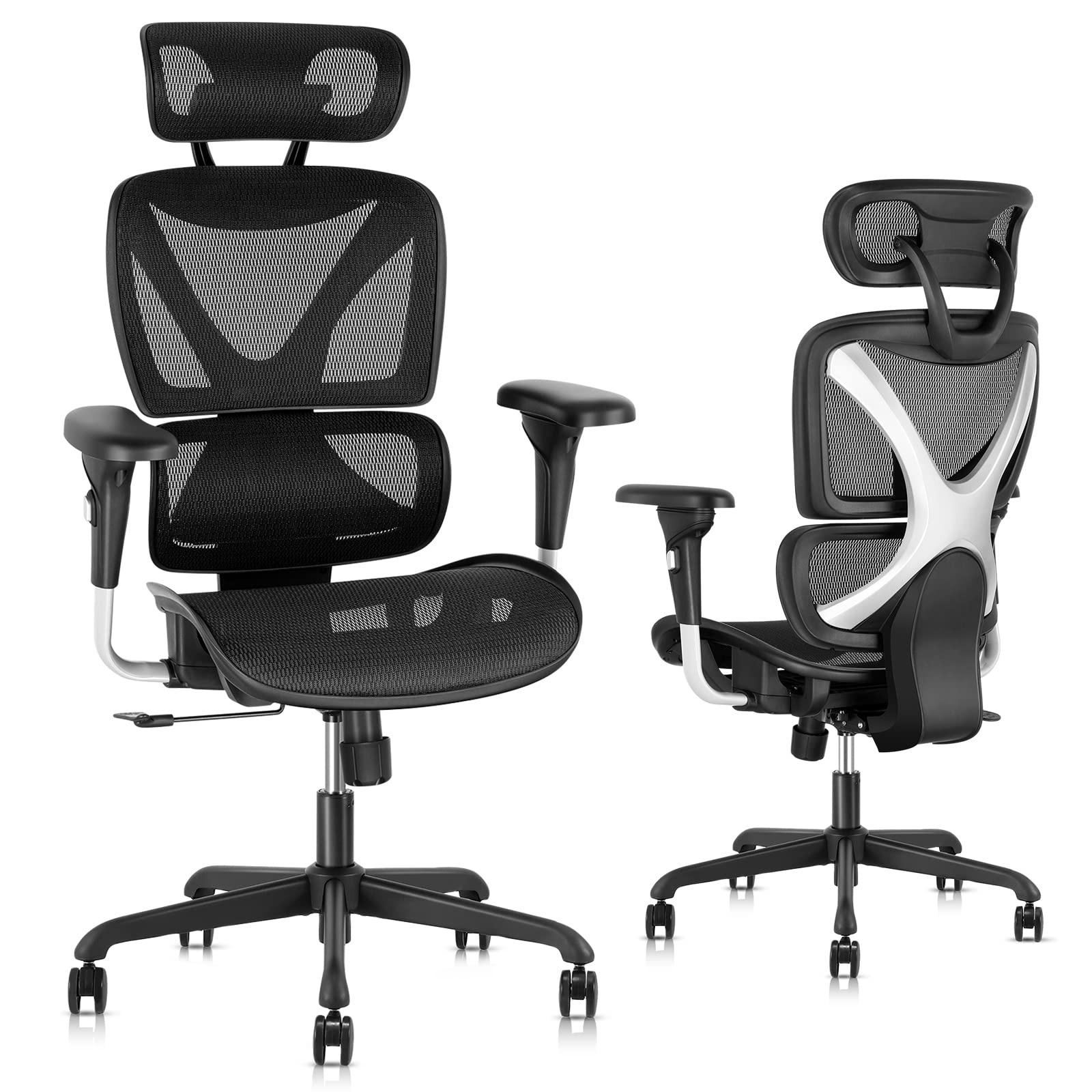Gabrylly Ergonomic Office Chair - High Back Mesh Computer Desk Chair with Adjustable Lumbar Support, Sliding Armrest & Headrest, Tilt Function - Swivel Task Chair for Home Office (Black) - Perfect for Long Work Hours, Gaming & Remote Work