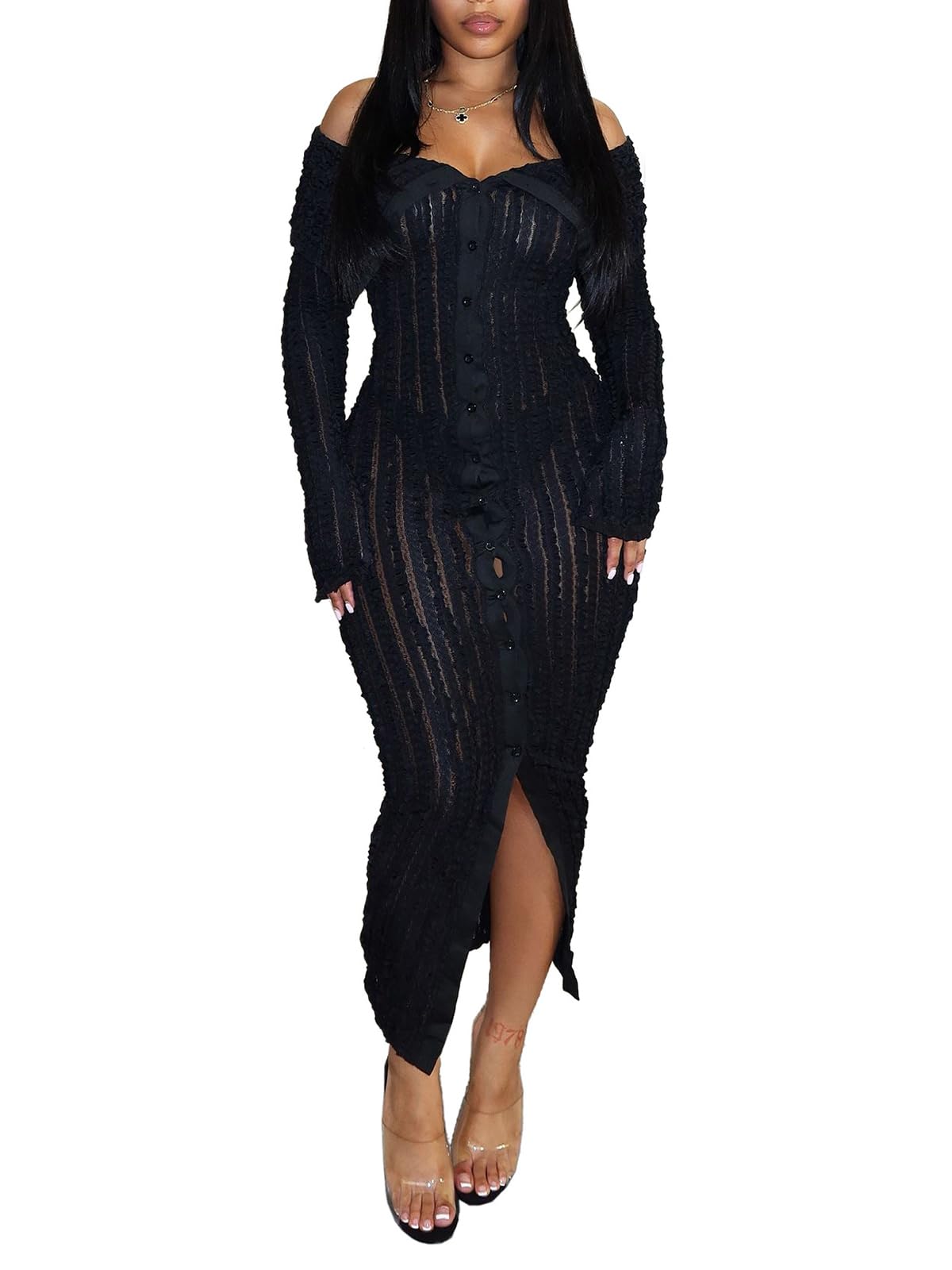 Mojessy Women's Sexy Off Shoulder Ruffle Long Sleeve Button Down See Through Bodycon Maxi Dress for Party, Date Night & Special Occasions