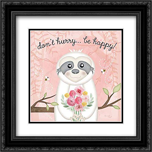Jennifer Pugh 'Don't Hurry, Be Happy' Sloth Art Print - 15x15 Inch Black Ornate Framed with Double Matting - Wall Decor for Living Room, Bedroom & Office