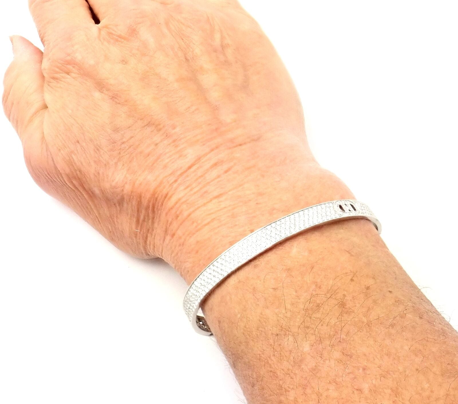 Authentic Hermes H D'Ancre 18k White Gold Diamond Small Bangle Bracelet - Luxury Jewelry for Women, Perfect Gift for Anniversary, Birthday & Special Occasions