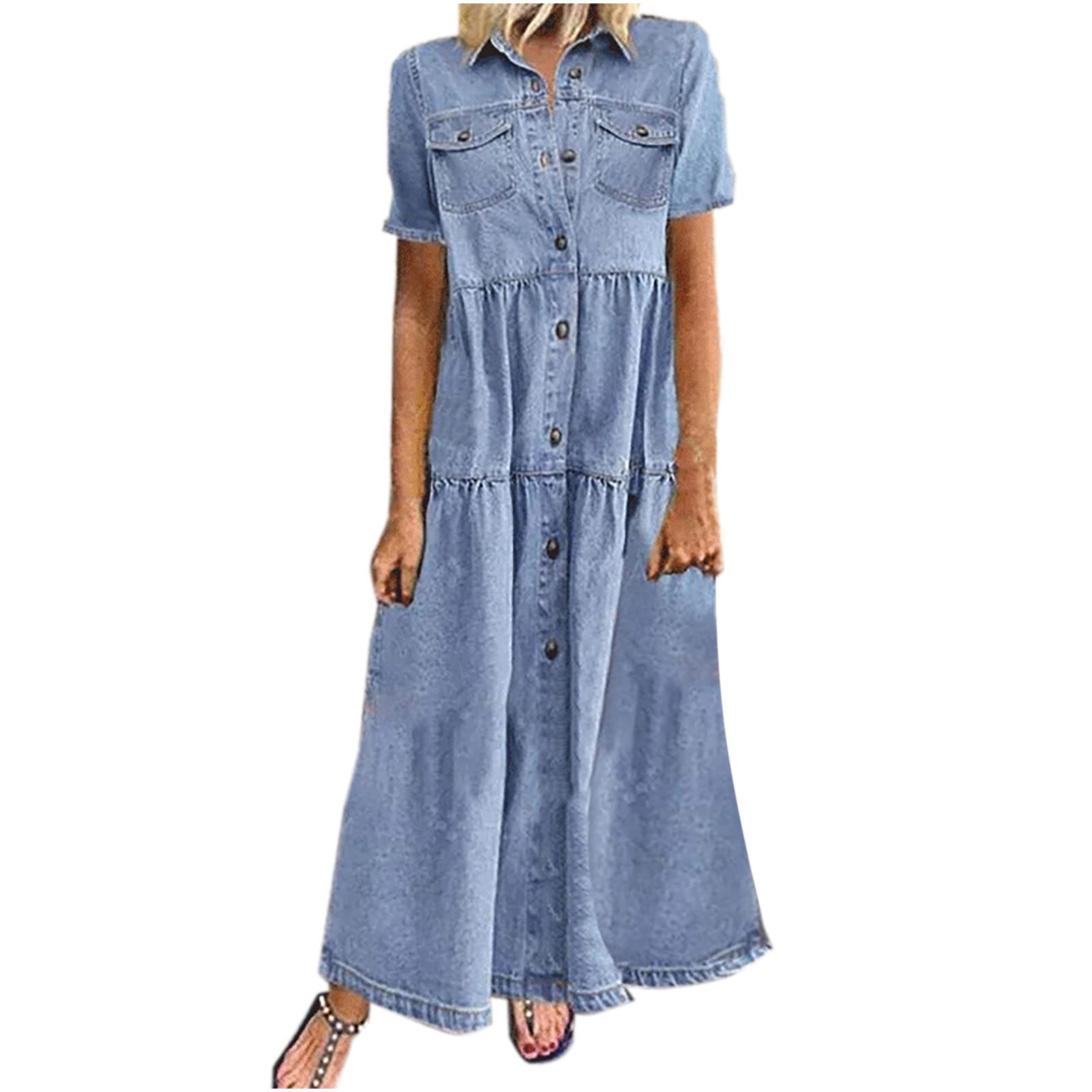 Vintage Women's Blue Denim Shirt Dress - Short Sleeve Button Up Jean Dress for Summer & Fall | Casual Boho Style, Beach Cover Up, Weekend Outfit, Date Night Dress
