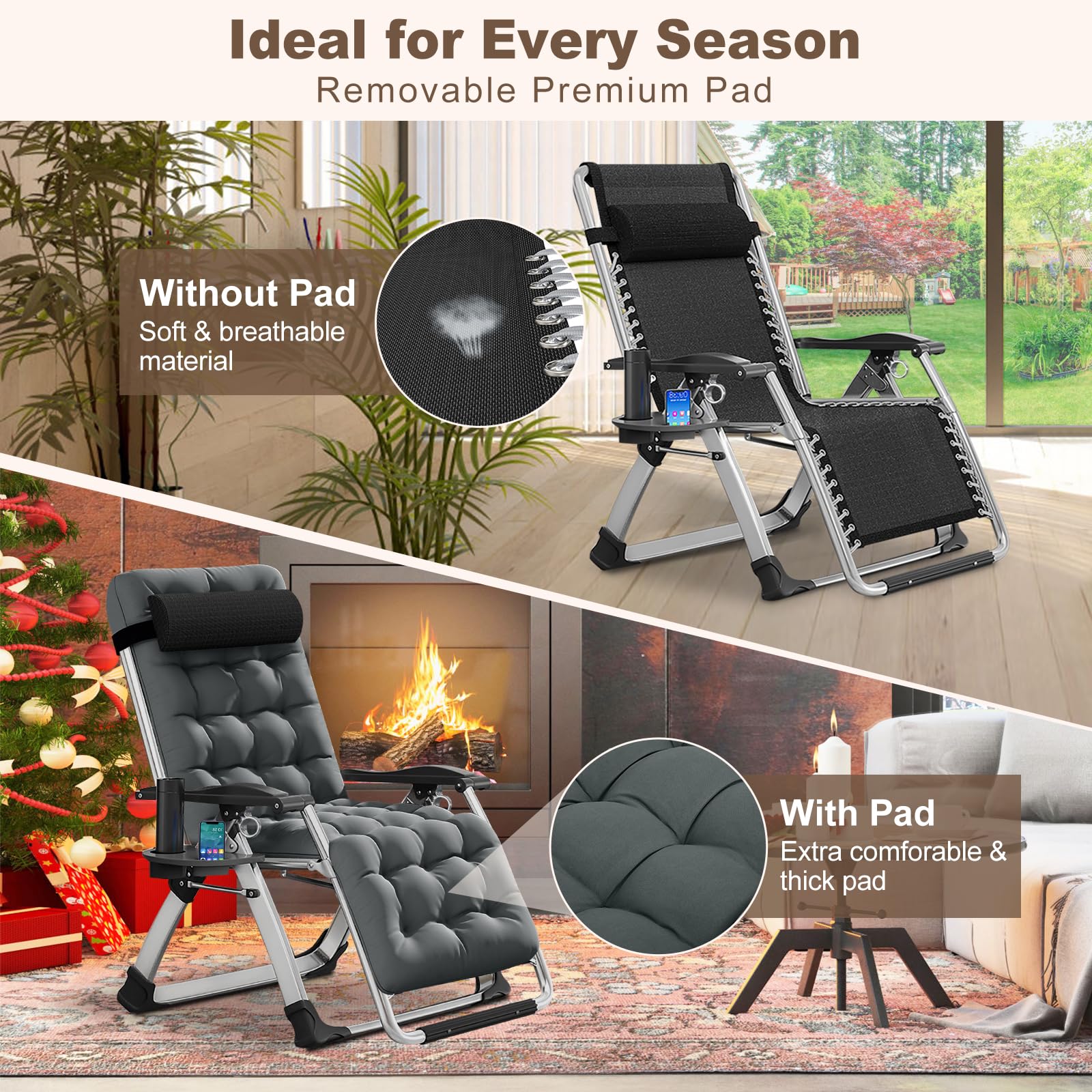 DoCred Comfortable Folding Recliner Chair with Removable Cushion - Indoor Outdoor Lounge Chair for Bedroom, Living Room & Patio - Perfect for Relaxing, Sunbathing and Reading