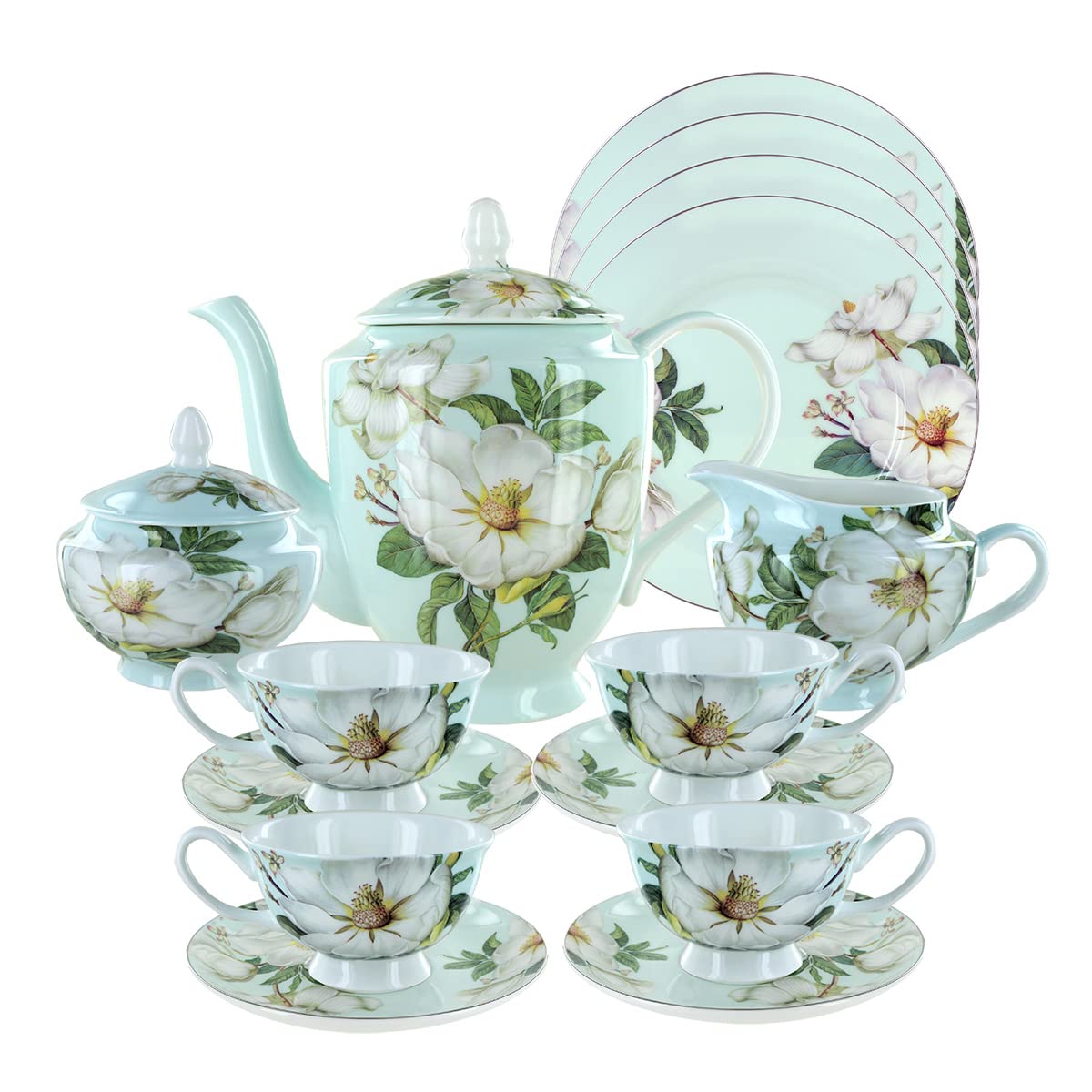 Premium Blue Magnolia Bone China Tea Set with 4 Dessert Plates - Elegant Floral Porcelain Tea Cups & Saucers for Afternoon Tea, Bridal Shower, and Special Occasions