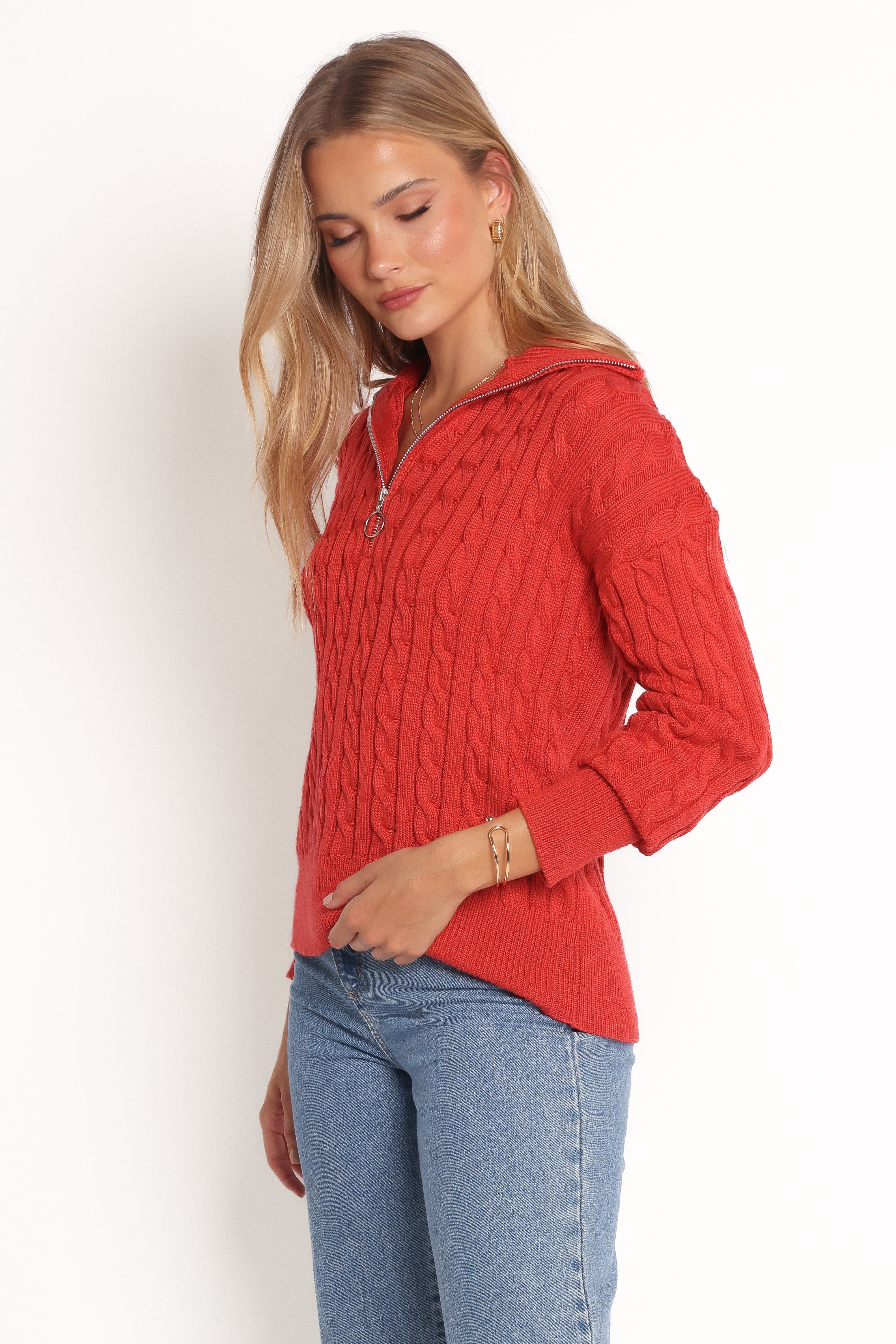 Frida Quarter Zip Knit Sweater for Women - Soft Red Pullover with Half-Zip Collar - Cozy Winter Layering & Casual Outfit Essential