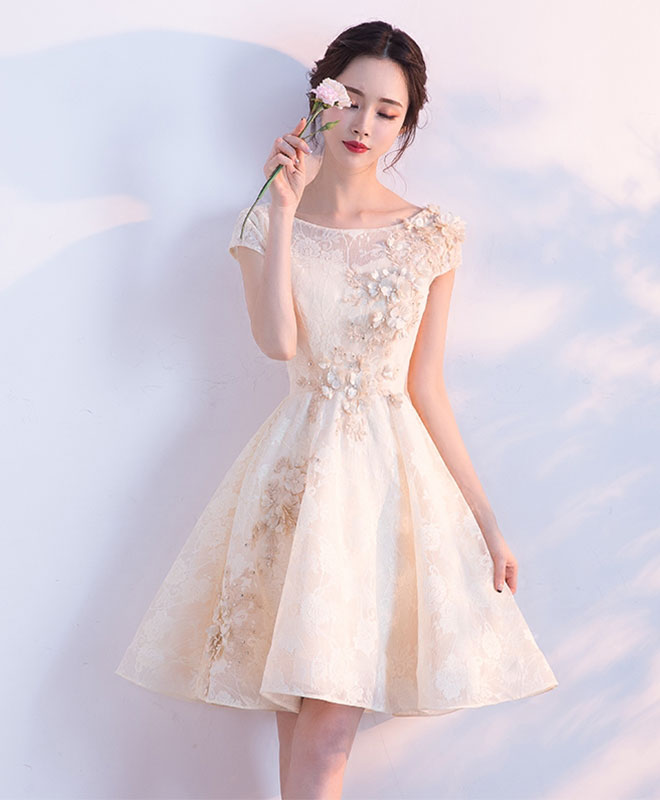 Champagne A-Line Tulle Lace Short Prom Dress for Homecoming - Elegant Party Gown for Prom Night, Sweet 16, Quinceañera & Formal Events
