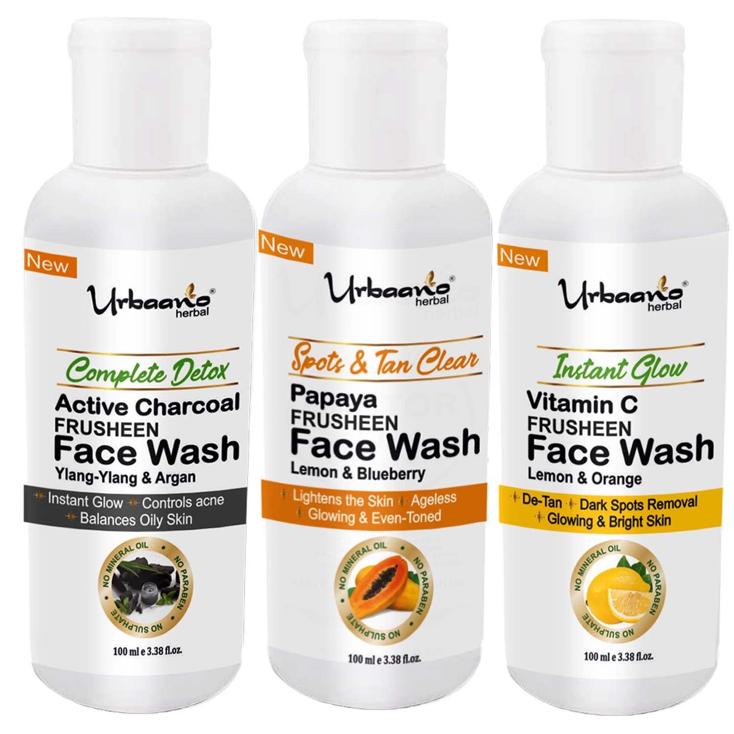 Urbaano Herbal Frusheen SLS & Paraben Free Face Wash Combo - Charcoal, Papaya & Vitamin C (3x100ml) for Glowing Skin | Men & Women | Daily Cleansing & Brightening Routine