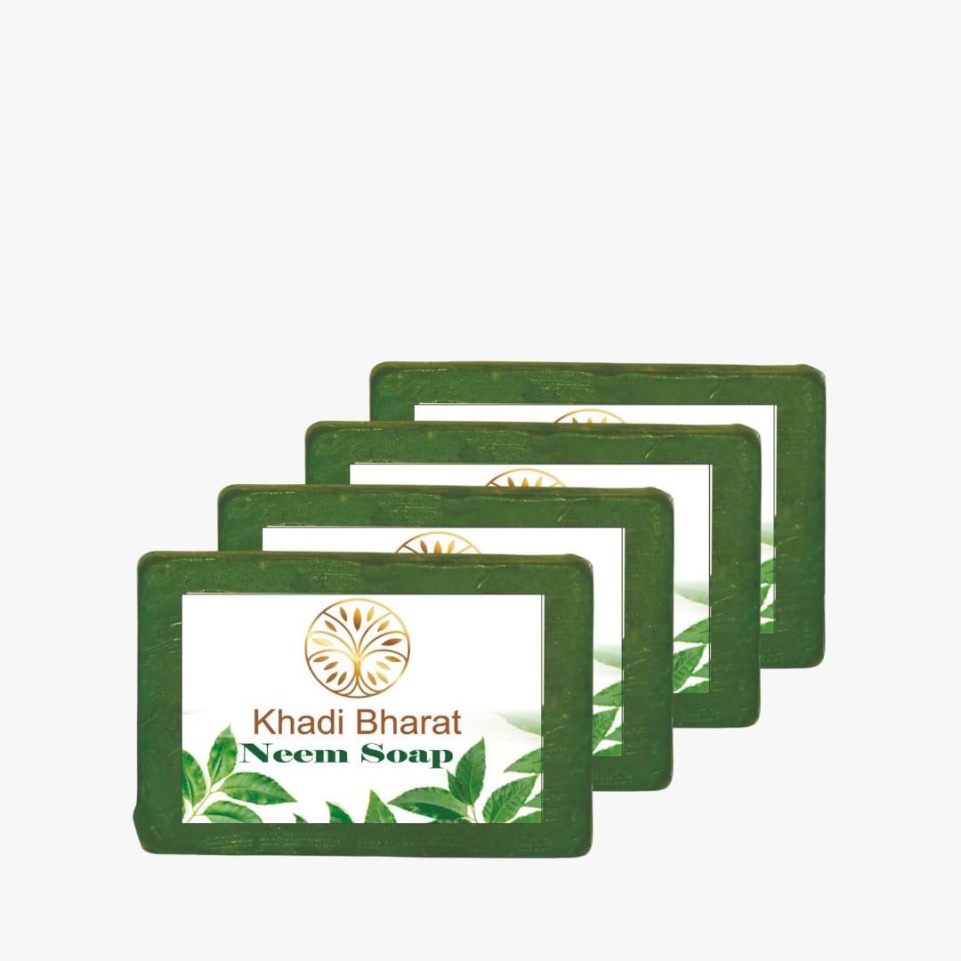 Khadi Bharat Handmade Neem Soap for Women & Men - Natural Coconut, Aloe Vera & Almond Oil Cleansing Bar for Oily & Sensitive Skin | Acne Prevention Treatment | 100g (Pack of 4) | Perfect for Daily Skincare Routine & Ayurvedic Beauty Regimen