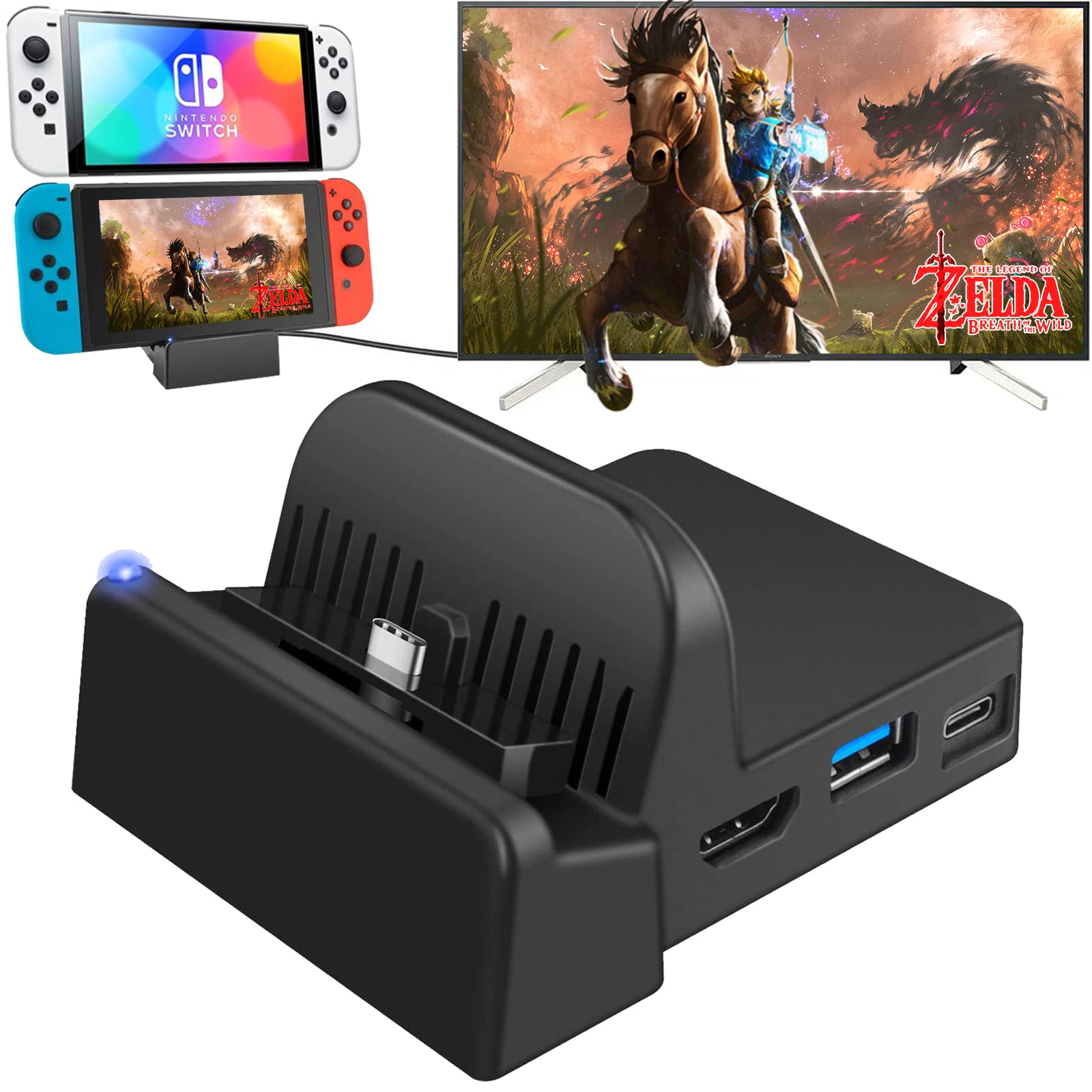 4K HDMI Nintendo Switch Dock - Portable TV Docking Station with USB 3.0 & USB-C Charging Ports | Official Dock Replacement for Gaming & Travel Use