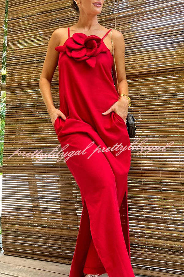 Vacay Ready Linen Blend Floral Embellished Pocket Maxi Dress with Side Slit - Perfect for Beach Vacations, Summer Weddings & Boho Chic Outfits