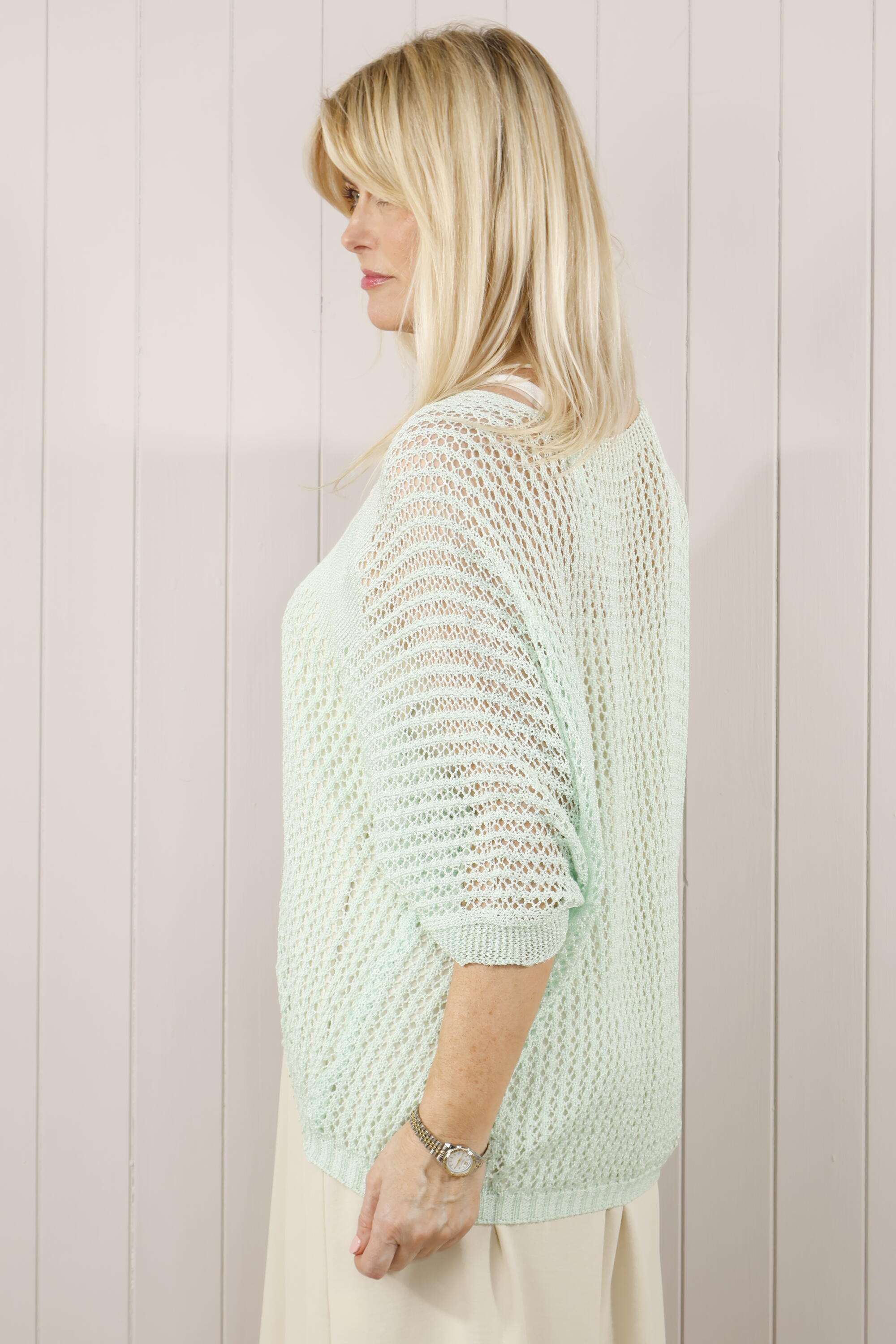 Ovi V-Neck Open Knit Mint Green Sweater for Women - Lightweight & Breathable Summer Top for Casual Wear & Layering
