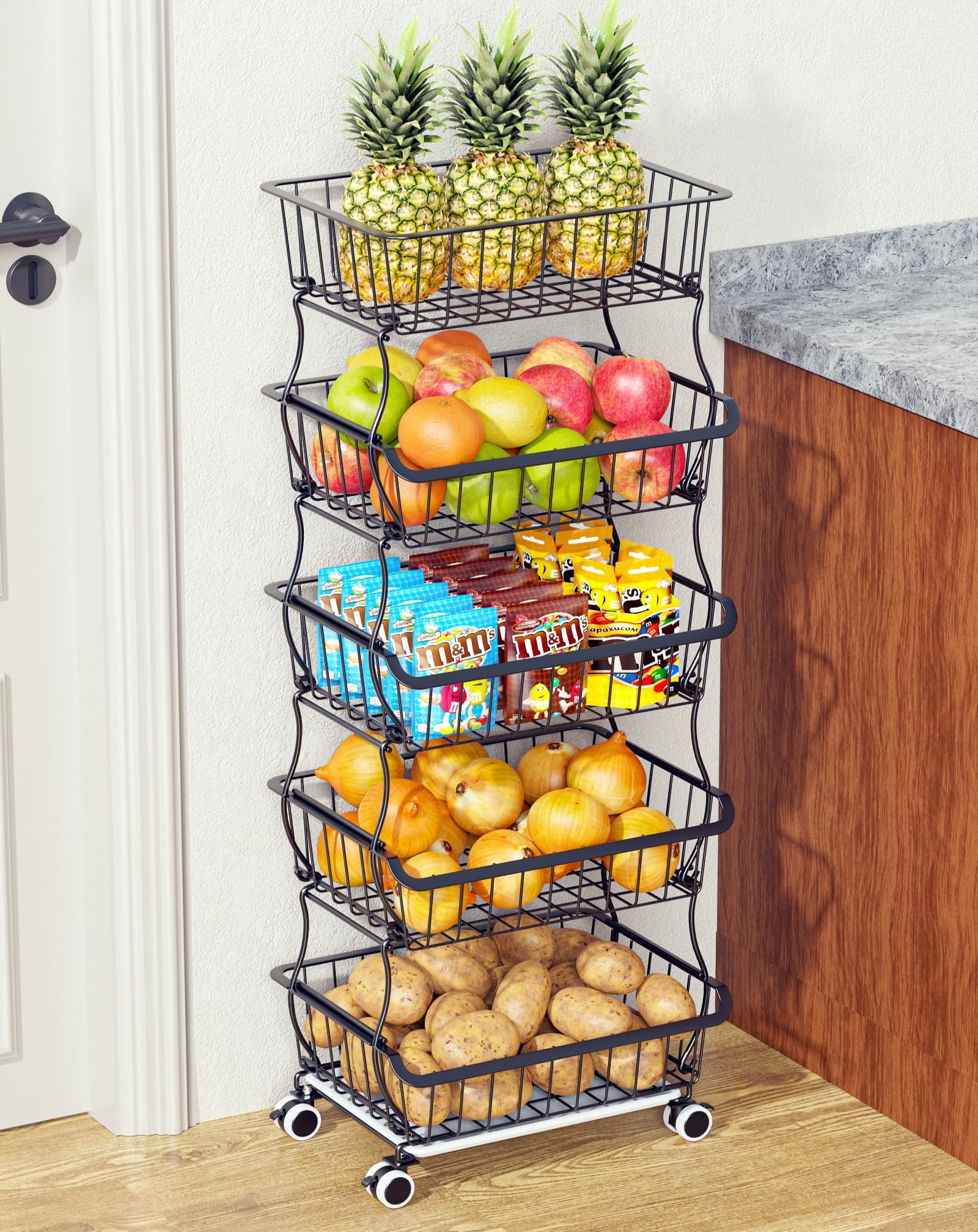 5-Tier Stackable Wire Fruit Basket with Wheels - Kitchen Pantry Organizer for Fruits, Vegetables, Onions & Potatoes - Space-Saving Food Storage Cart for Home, Restaurant or Grocery Store