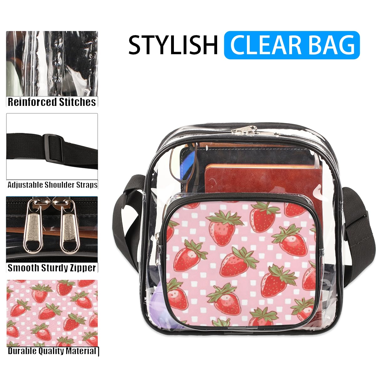Strawberry Pink Clear Crossbody Purse - Stadium Approved Transparent Bag for Women & Men | Perfect for Music Festivals, Sports Events, Concerts & Theme Parks | Trendy See-Through Shoulder Bag